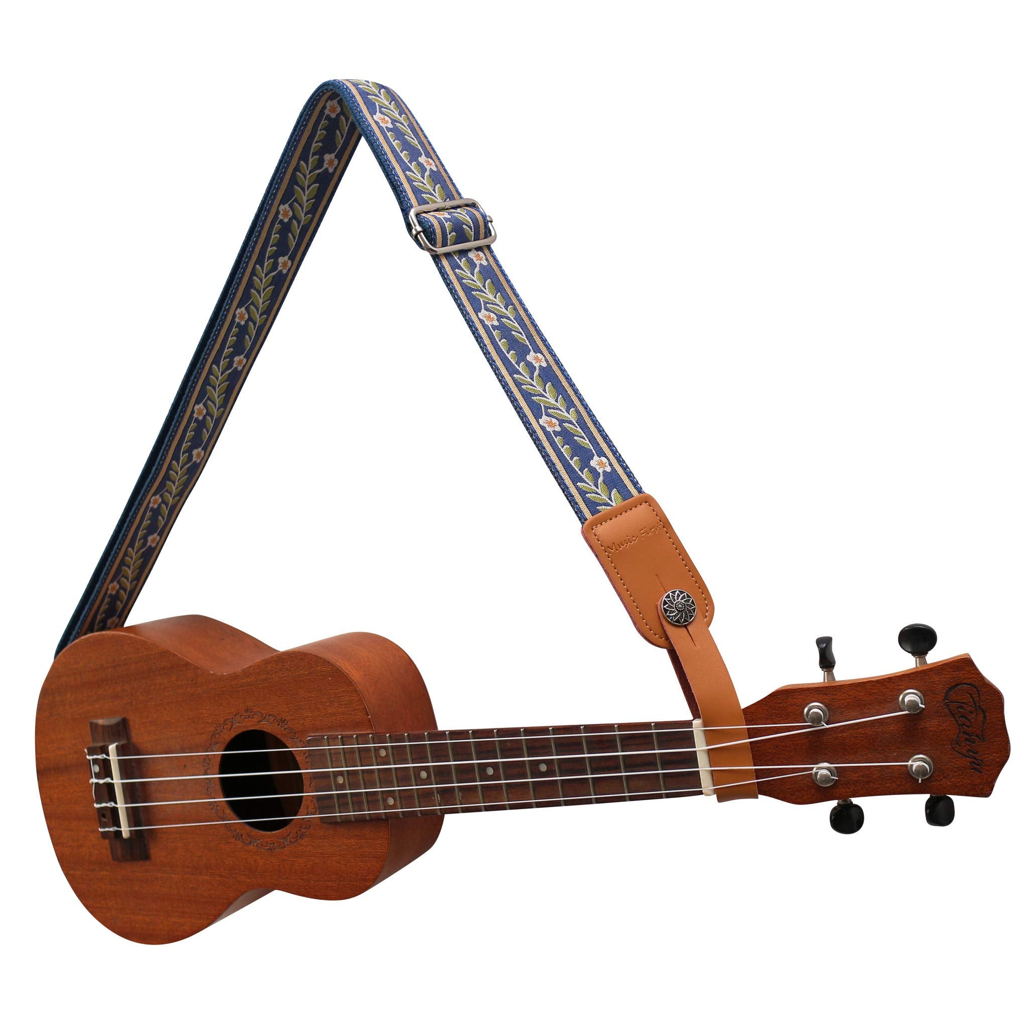 Music First Original Design Vintage Blue    Jasmine    Soft Meshbelt & Genuine Leather Ukulele Strap Ukulele Shoulder Strap With
