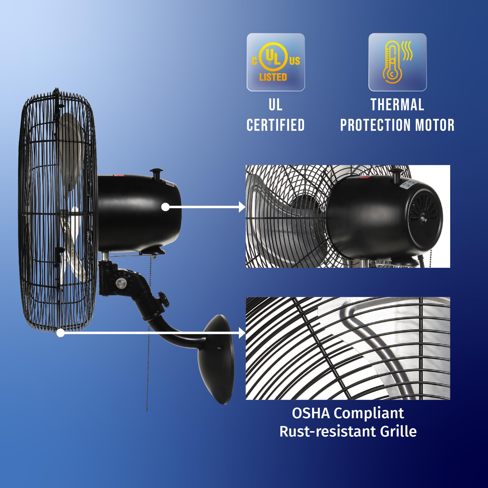 Tornado 16 Inch Pro Series High Velocity Oscillating Wall Mount Fan For Industrial, Commercial, Residential Use 3 Speed 2850 Cfm