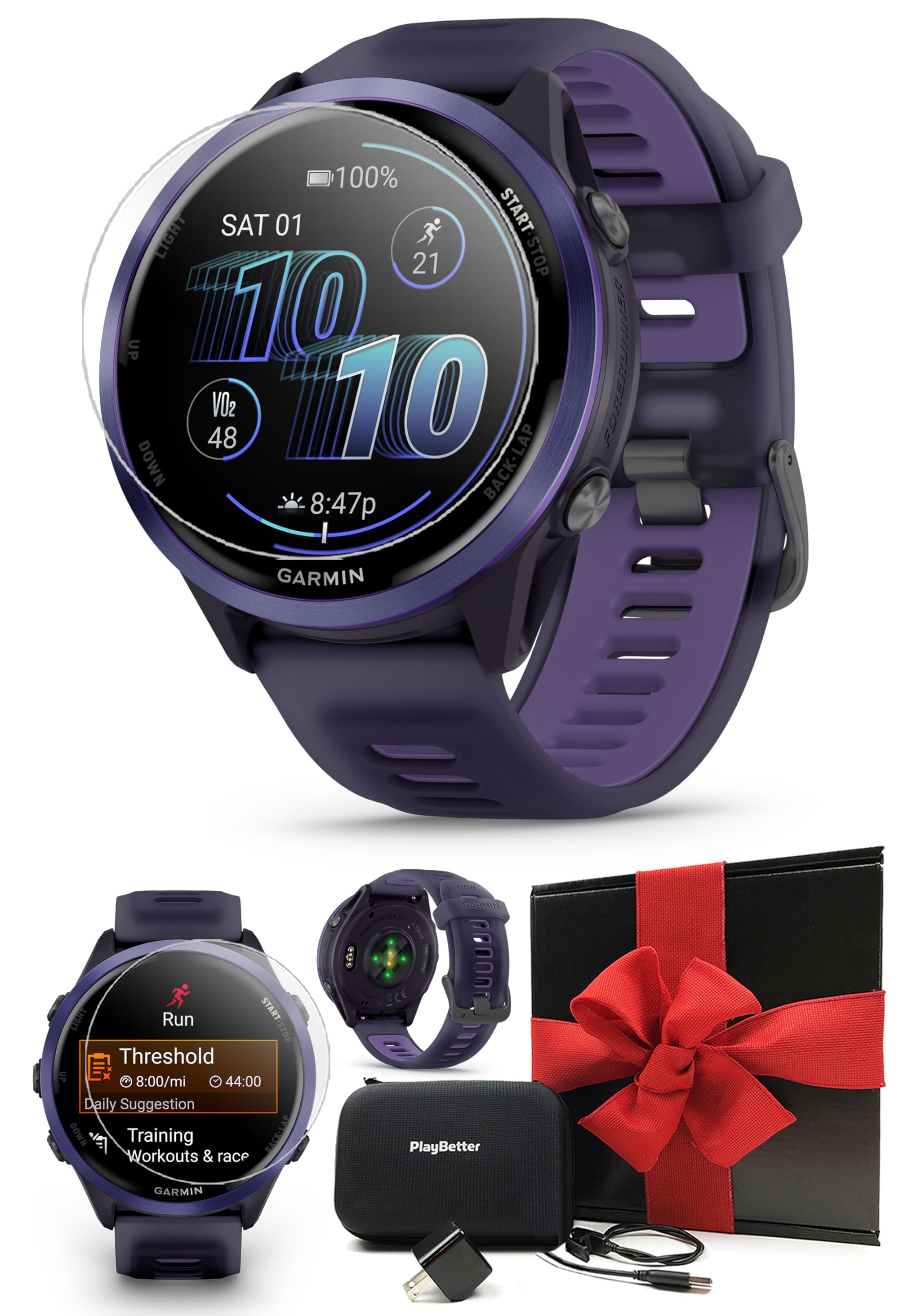 Garmin Forerunner 570 (47 mm, Indigo/Translucent Imperial Purple) Running GPS Smartwatch - AMOLED Display, Training - Gift Box B