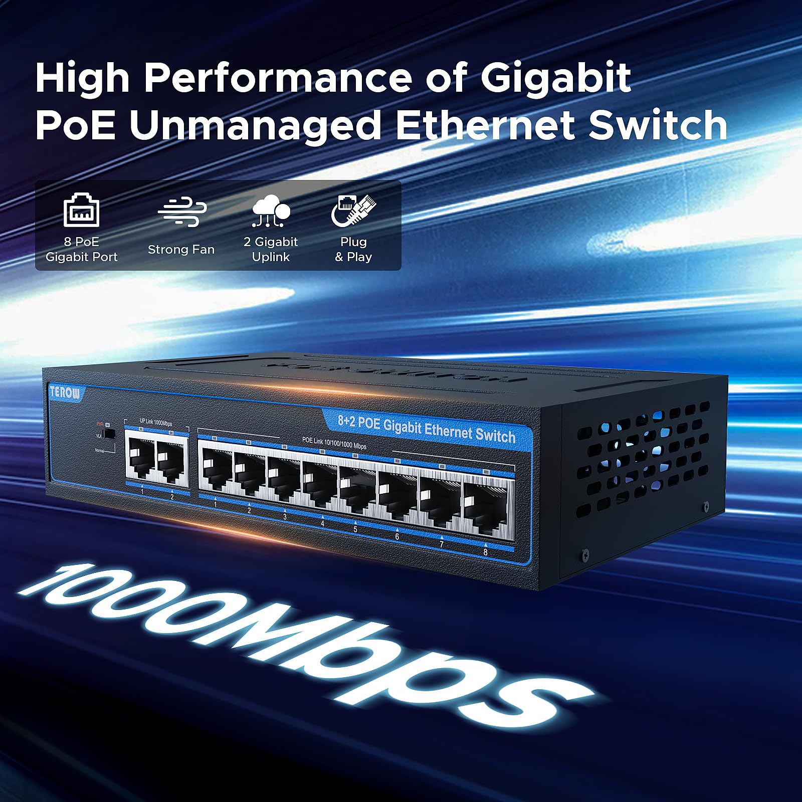 Terow 10 Port Gigabit Poe Network Switch: Featuring 8 Poe+ 2 Uplink Ports, 802.3Af/At Compliant, Plug & Play, With Shielded Port