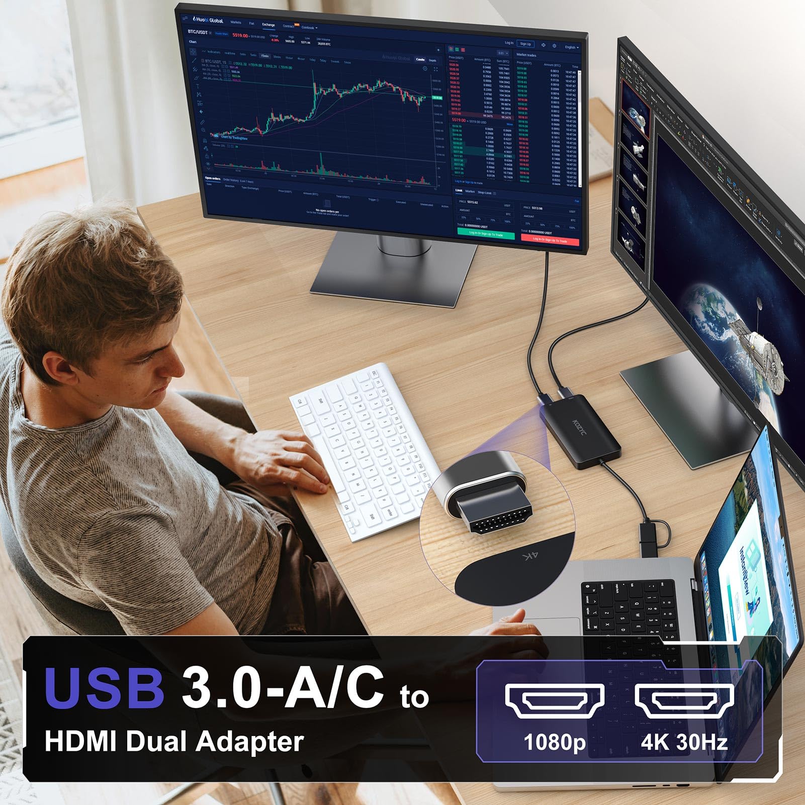 Kozyc Usb 3.0 To Hdmi Splitter Extended Display Dual Monitors, Usb 3.0-A/C To Dual Hdmi Adapter 4K@30Hz+1080P@60Hz Compatible Ma