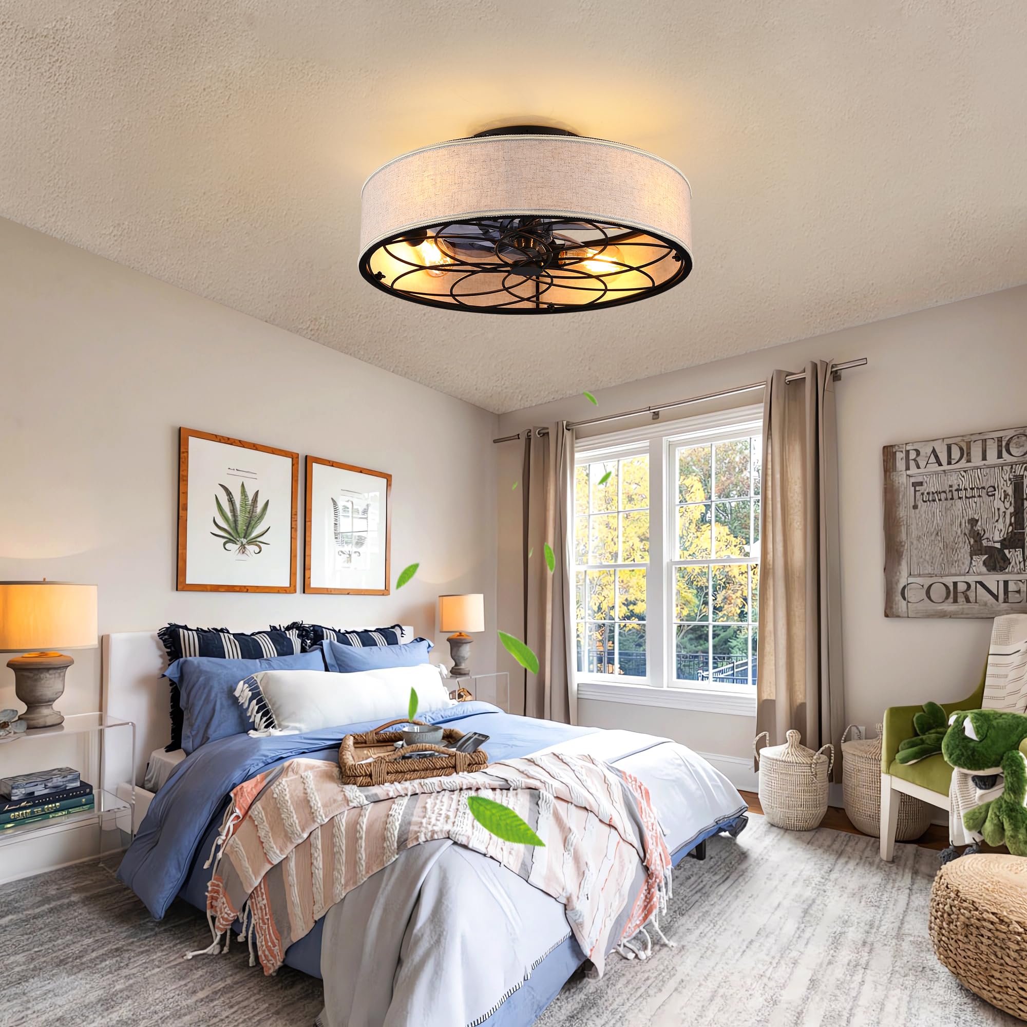 20'' Caged Ceiling Fan With Light Low Profile Fabric Farmhouse Bladeless Ceiling Fan With Remote Control,Low Profile Modern Encl