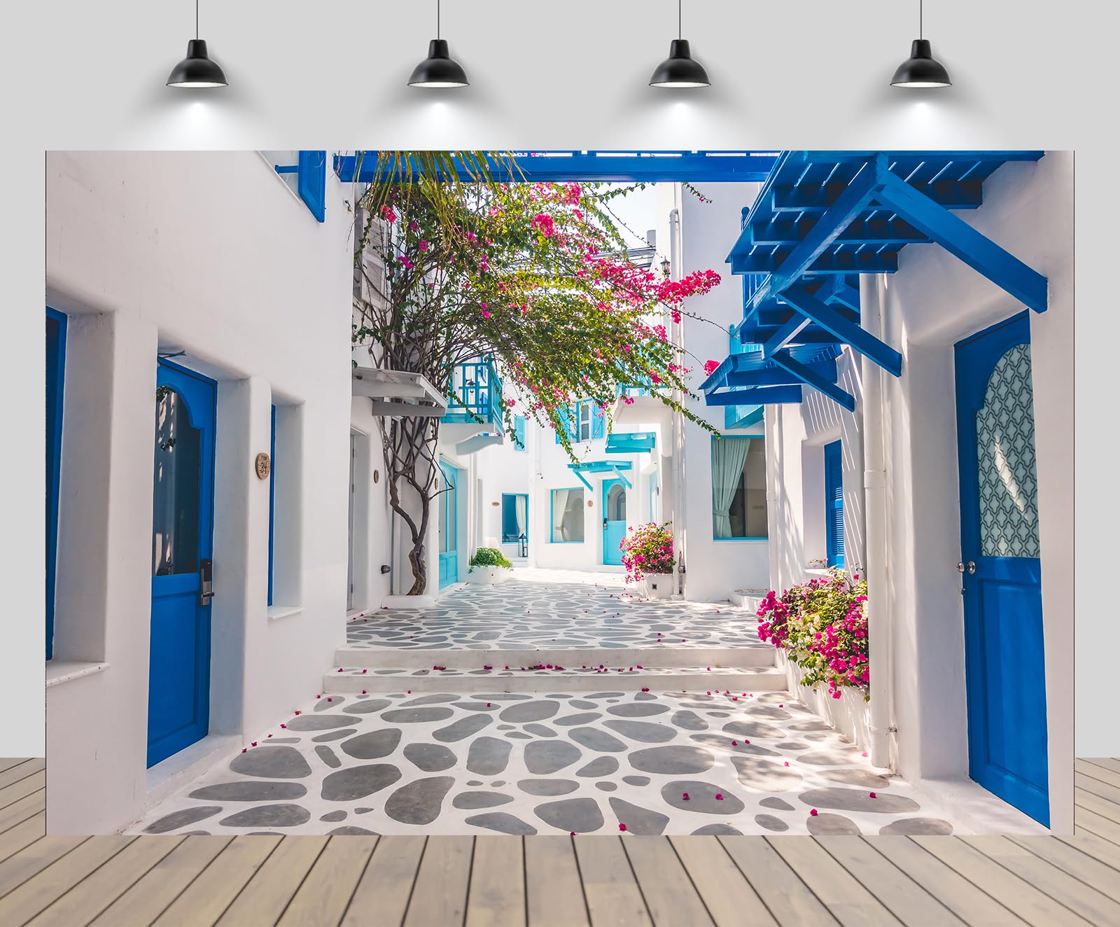 Chnywork 7Ftx5Ft Greece Backdrop Santorini Morocco Blue Window Flowers Street Scenery Photo Background For Greece Wedding Birthd