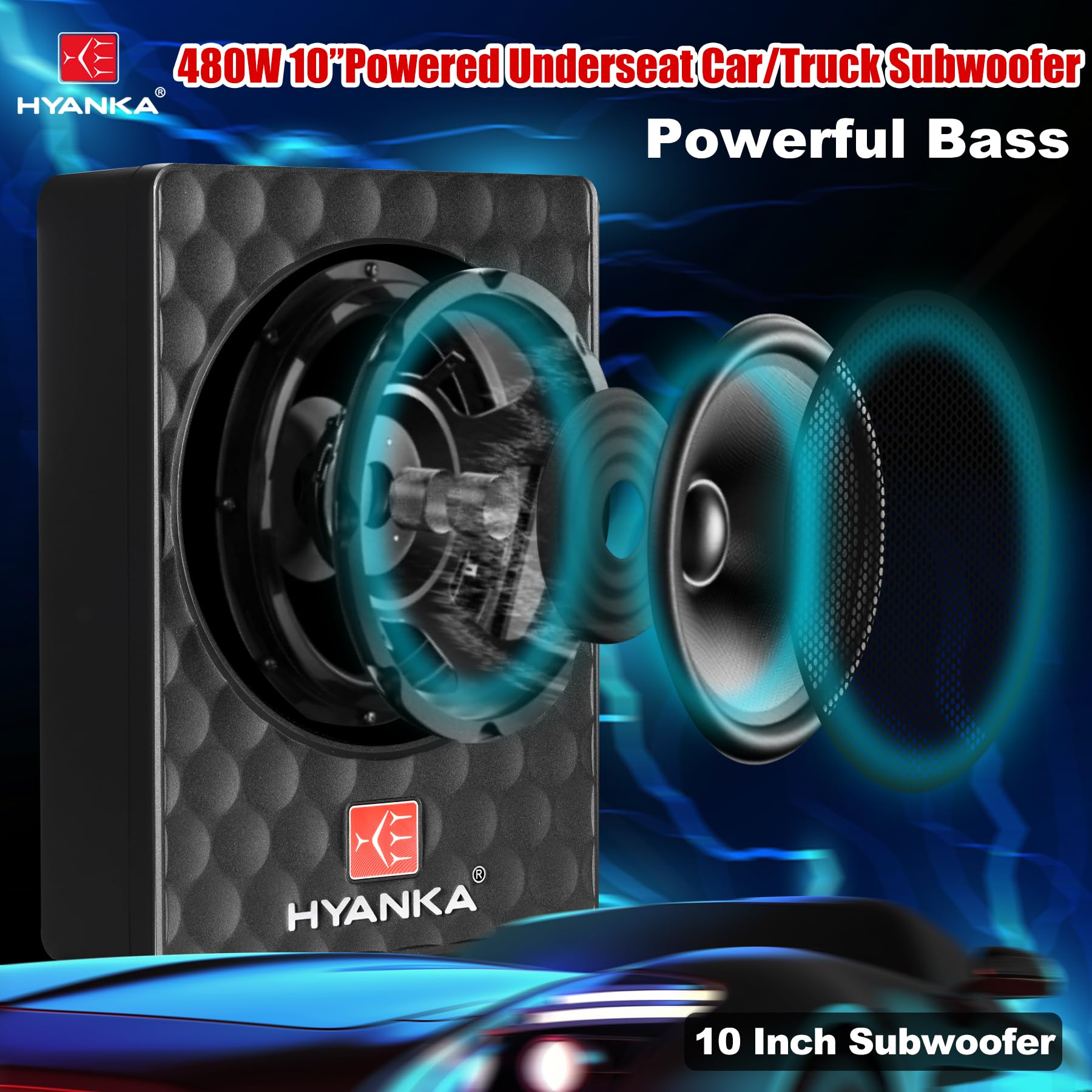 H Yanka Soda 10Asw 480W 10 Inch Compact Underseat Car Subwoofer With Built In Amp, Slim Powered Subwoofer For Car/Truck/Jeep Aud