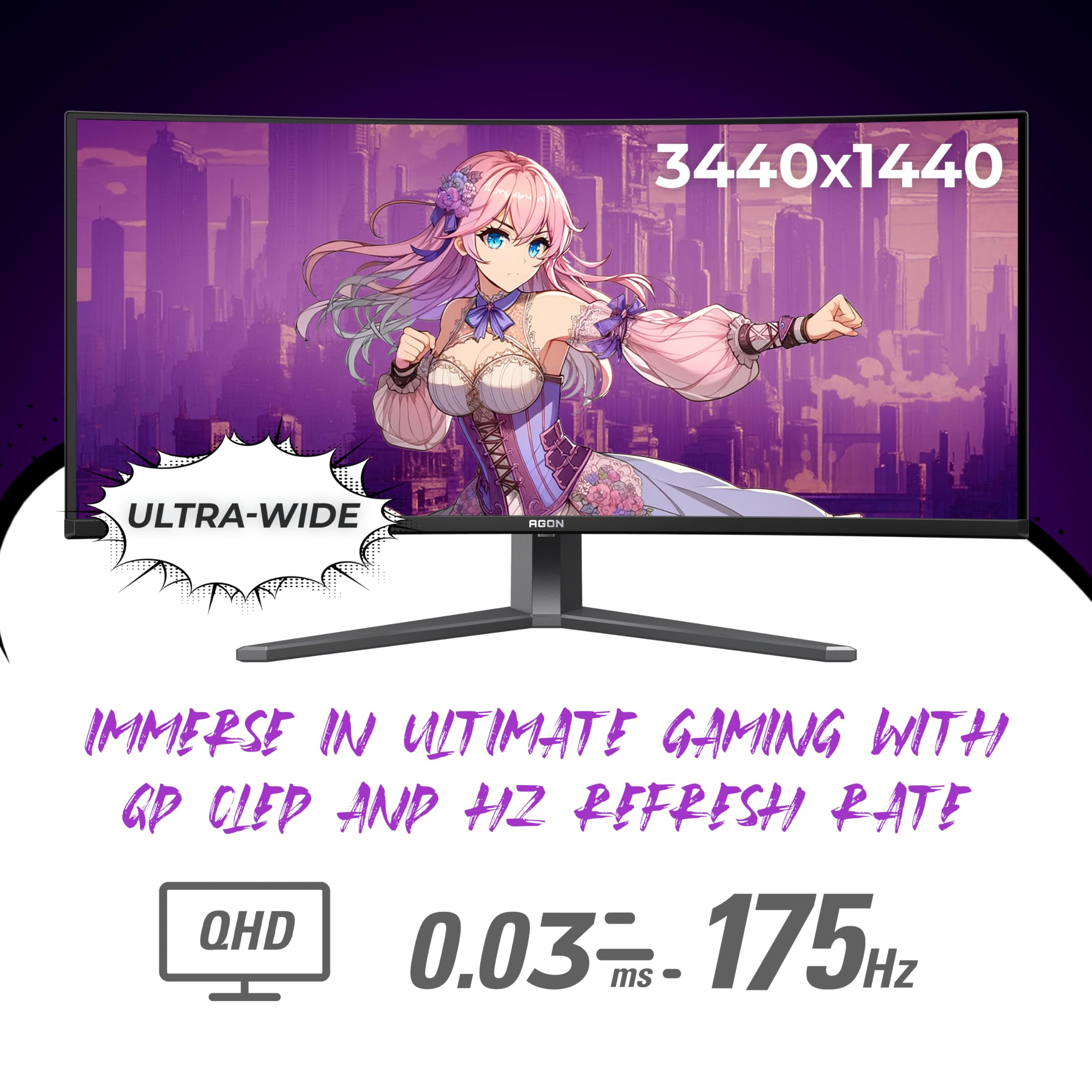 Aoc Agon Pro Ag346Ucd 34'' Ultra Wide Curved Qd Oled Gaming Monitor, 21:9 Wqhd 3440X1440, 175Hz 0.03Ms, G Sync Compatible, Hdr 4