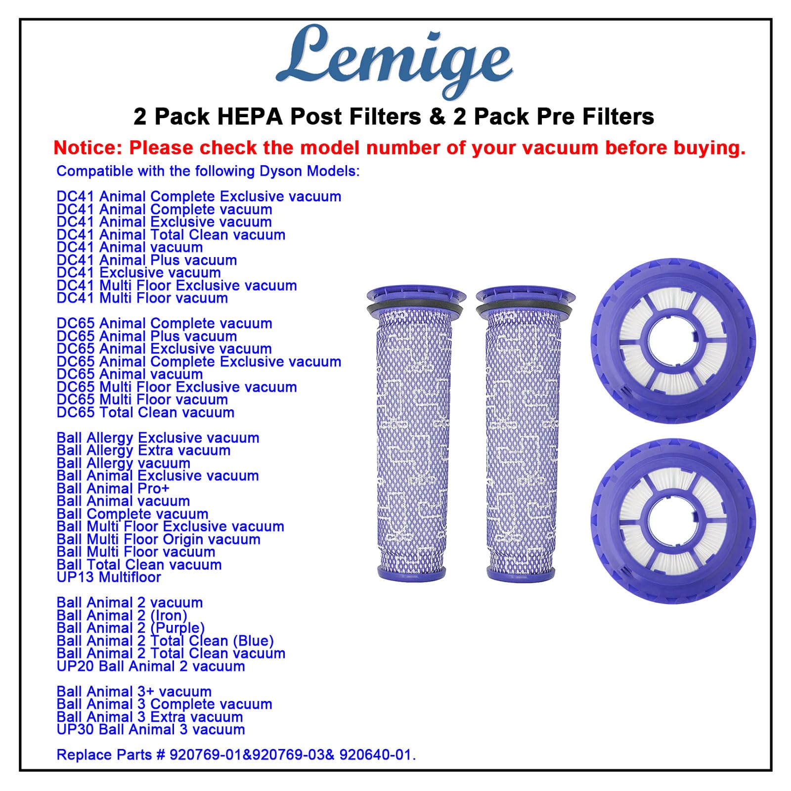 Lemige 2 Pack Post Filters & 2 Pack Pre Filters Replacement For Dyson Dc41 Dc65 Dc66 Up13 Up20 Up30 Animal, Multi Floor And Ball