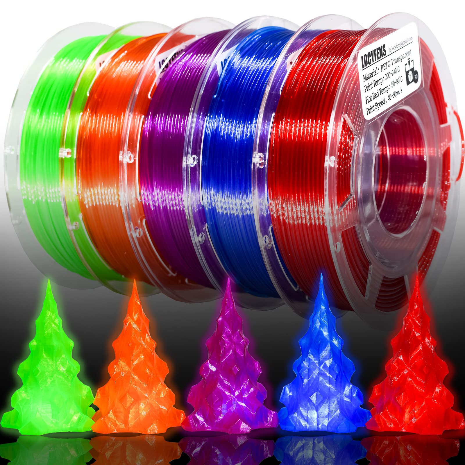 LOCYFENS PETG Filament 1.75mm, Clear Transparent Filament 5 Colors, 3D Printer Filament Bundle Multicolor, 1.75 PETG +/- 0.02mm,