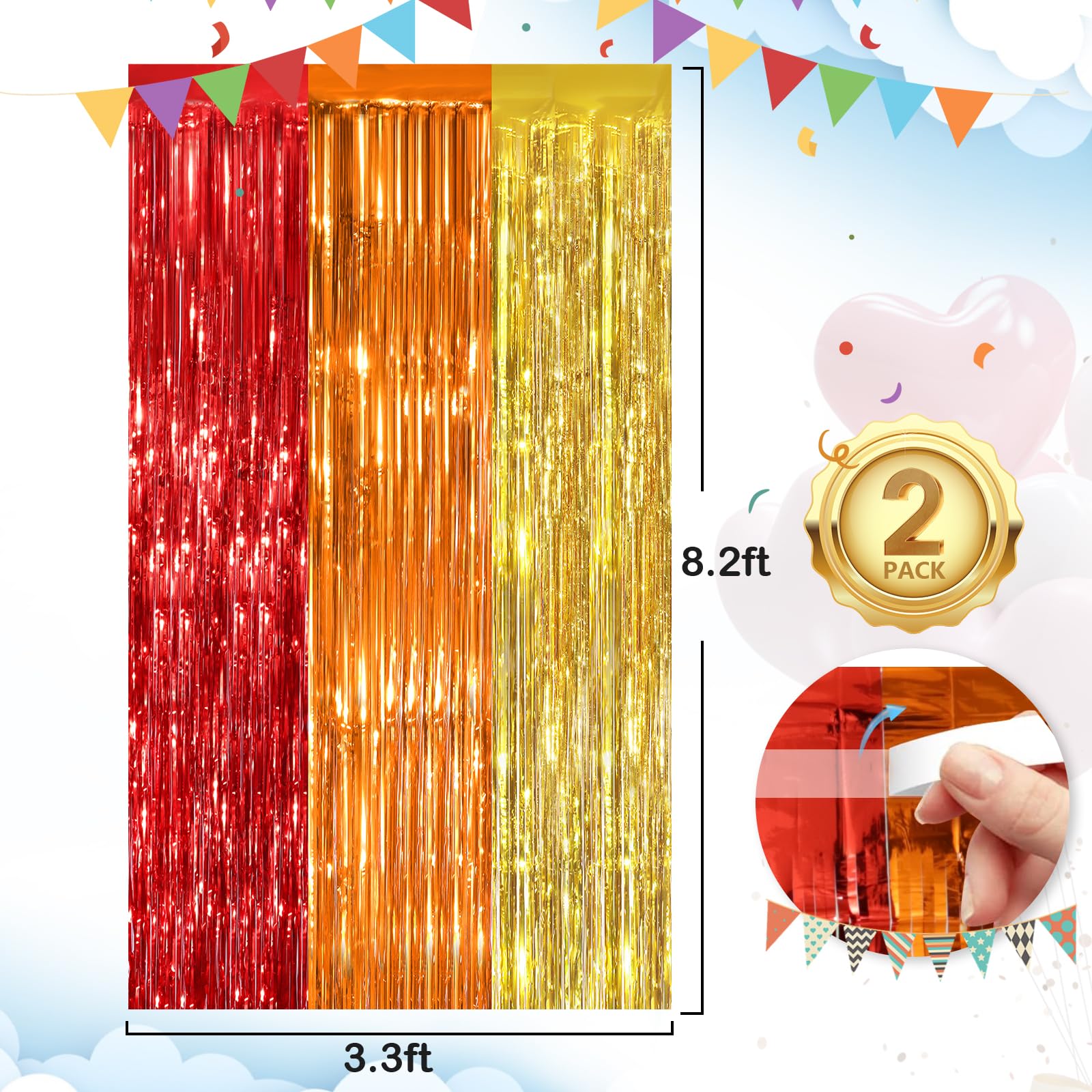 Red Orange Gold Fringe Curtain Party Streamers 2Pack 3.3X8.3 Ft Foil Fringe Backdrop Curtains For Birthday Wedding Bridal Baby S