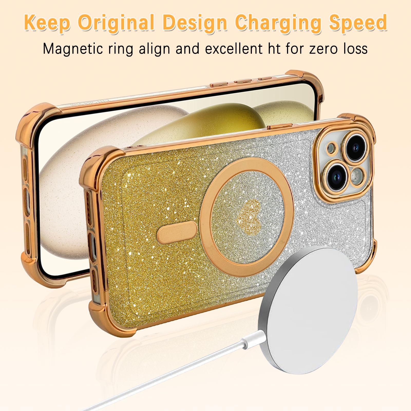 Tharlet Magnetic For Iphone 15 Case [Compatible With Magsafe] Glitter Cute Love Luxury Plating Plating Bling Clear Phone Case Wi