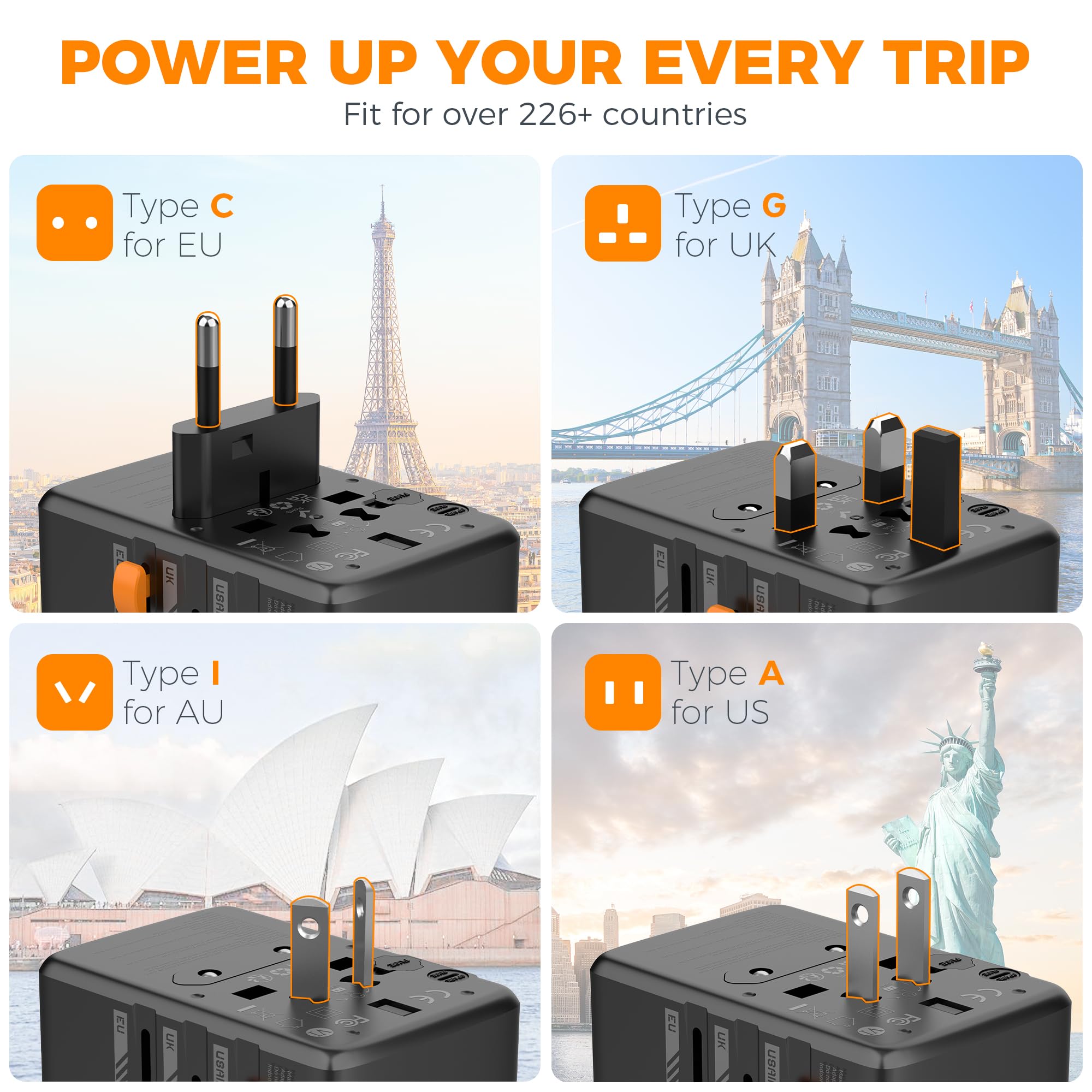 Tessan Universal Travel Adapter, Gan 65W International Plug Adaptor With 4 Usb(2 Usb C) Charging Ports, Worldwide Power Outlet F