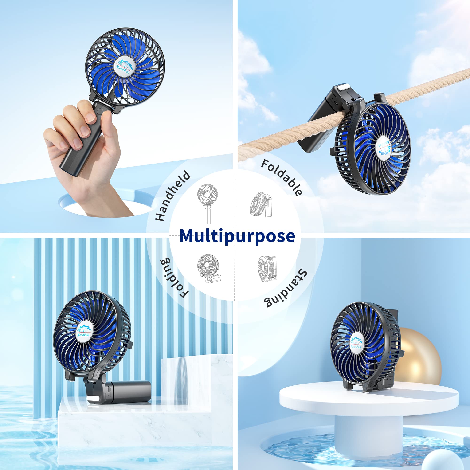 Handfan Portable Handheld Fan, Mini Personal Fan, Battery Operated Cooling Rechargeable Fan, 180 Foldable Small Hand Fan, Usb Po