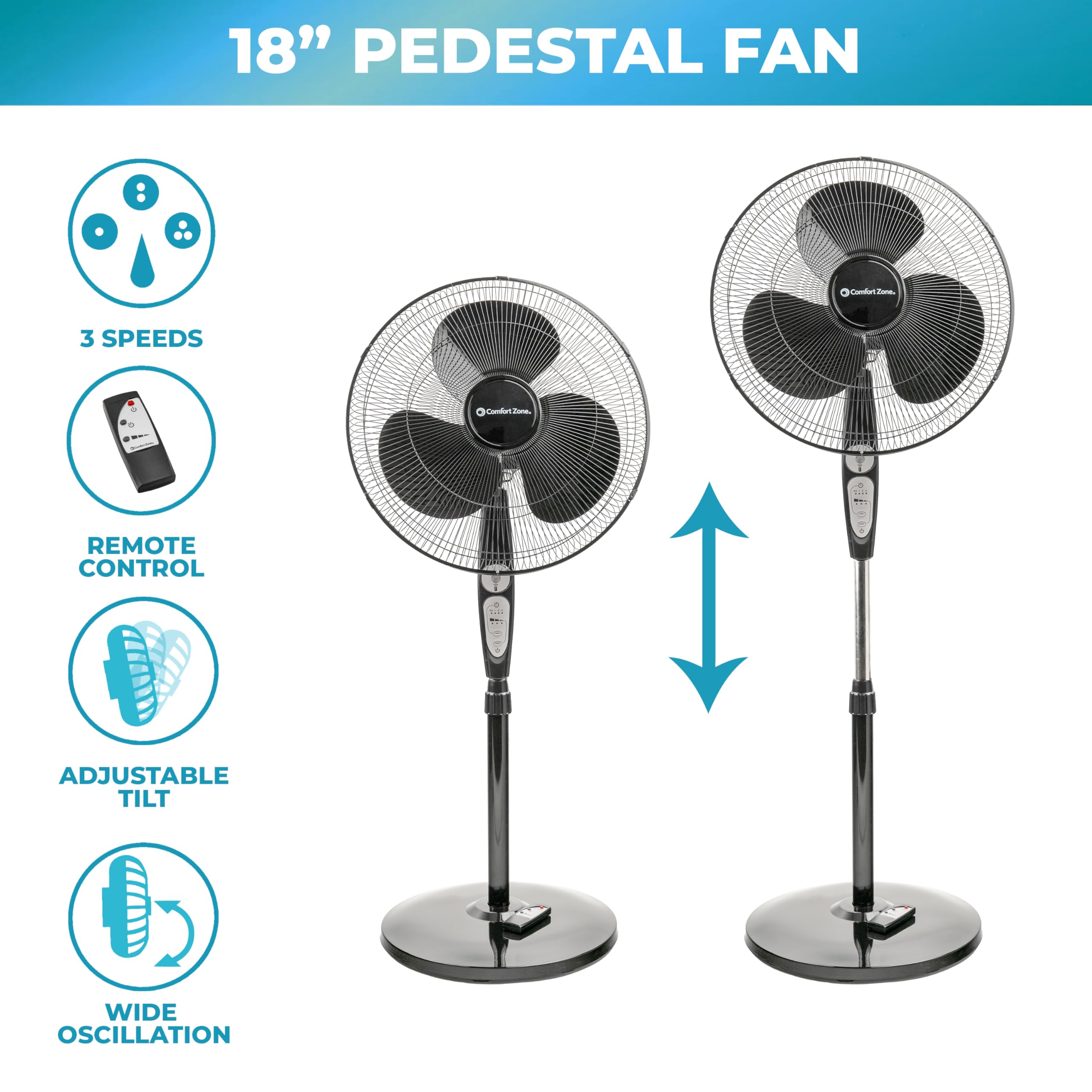 Comfort Zone Oscillating Pedestal Fan With Remote Control, Stand Fan, 18 Inch, 3 Speed, Adjustable Height & Tilt, & Timer, Auto