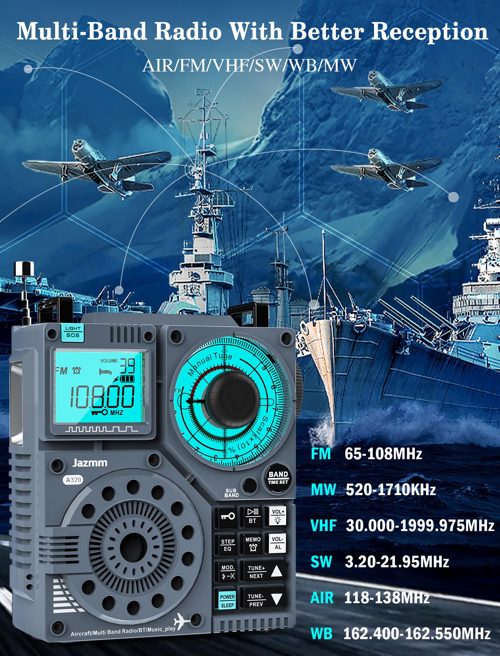 Jazmm Portable Shortwave Radio With 5W Bass Sound, Air/Am/Fm/Vhf/Sw/Wb Worldband Radio With Bluetooth And App Control, 2000Mah Rechargeable Radio With 9.85 Ft Wire Antenna,Flashlight,Recording