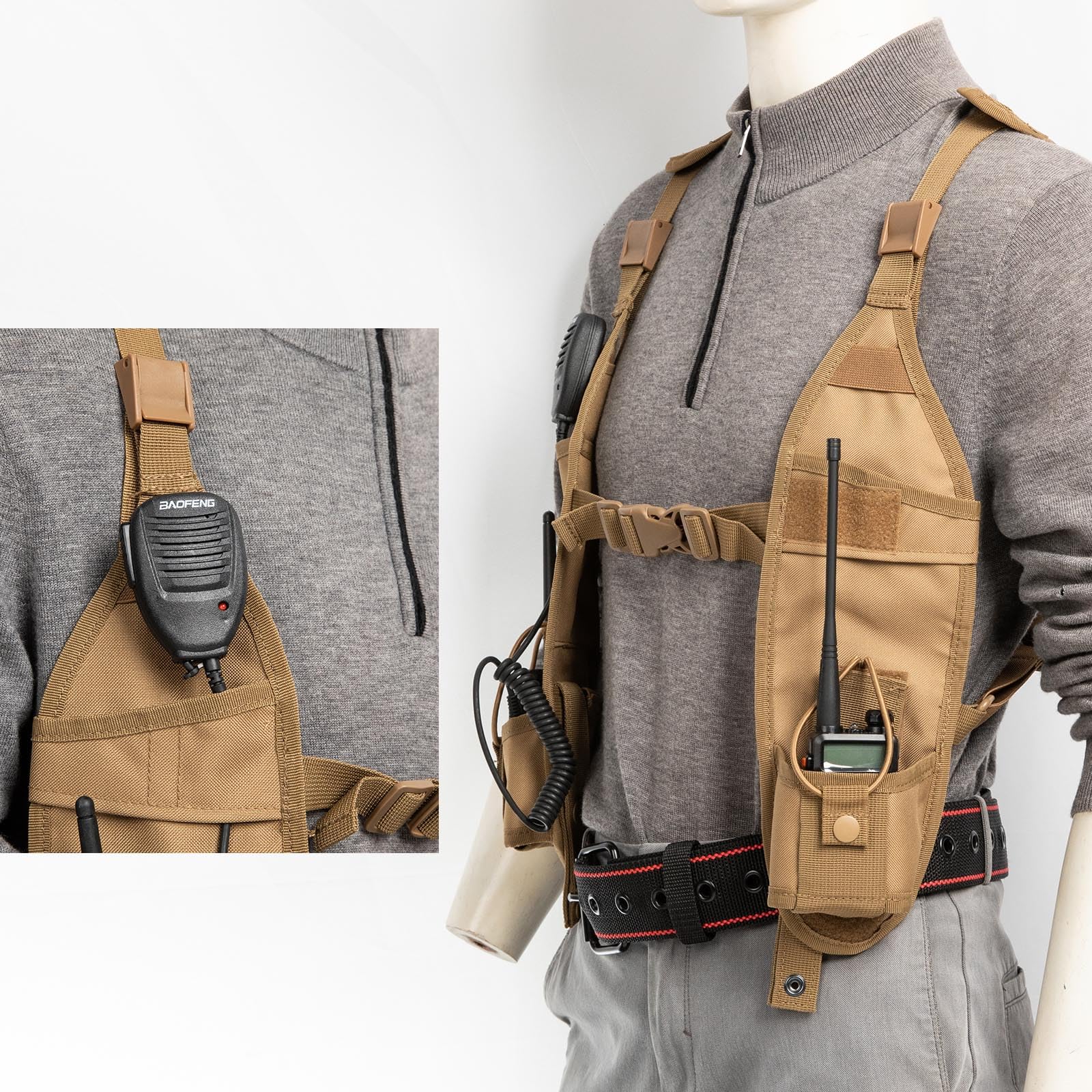 Radio Shoulder Harness Holster Chest Holder Universal Vest Rig For Police Firefighter Two Way Radio Search Rescue Essentials (Khaki)