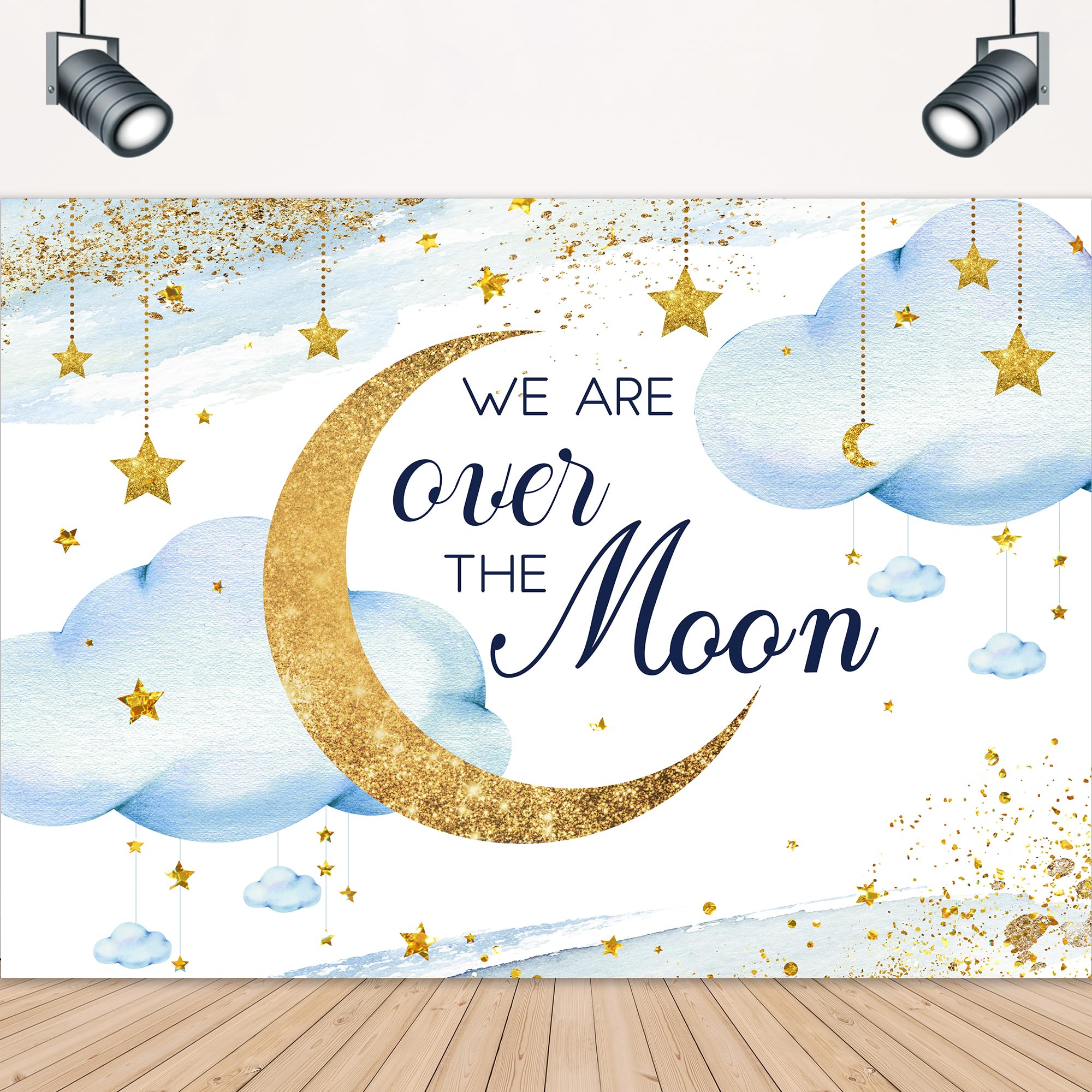 Lightinhome We Are Over The Moon Baby Shower Backdrop 7Wx5H Feet For Boys Blue Watercolor Shinning Stars Gold Dots Clouds Celest