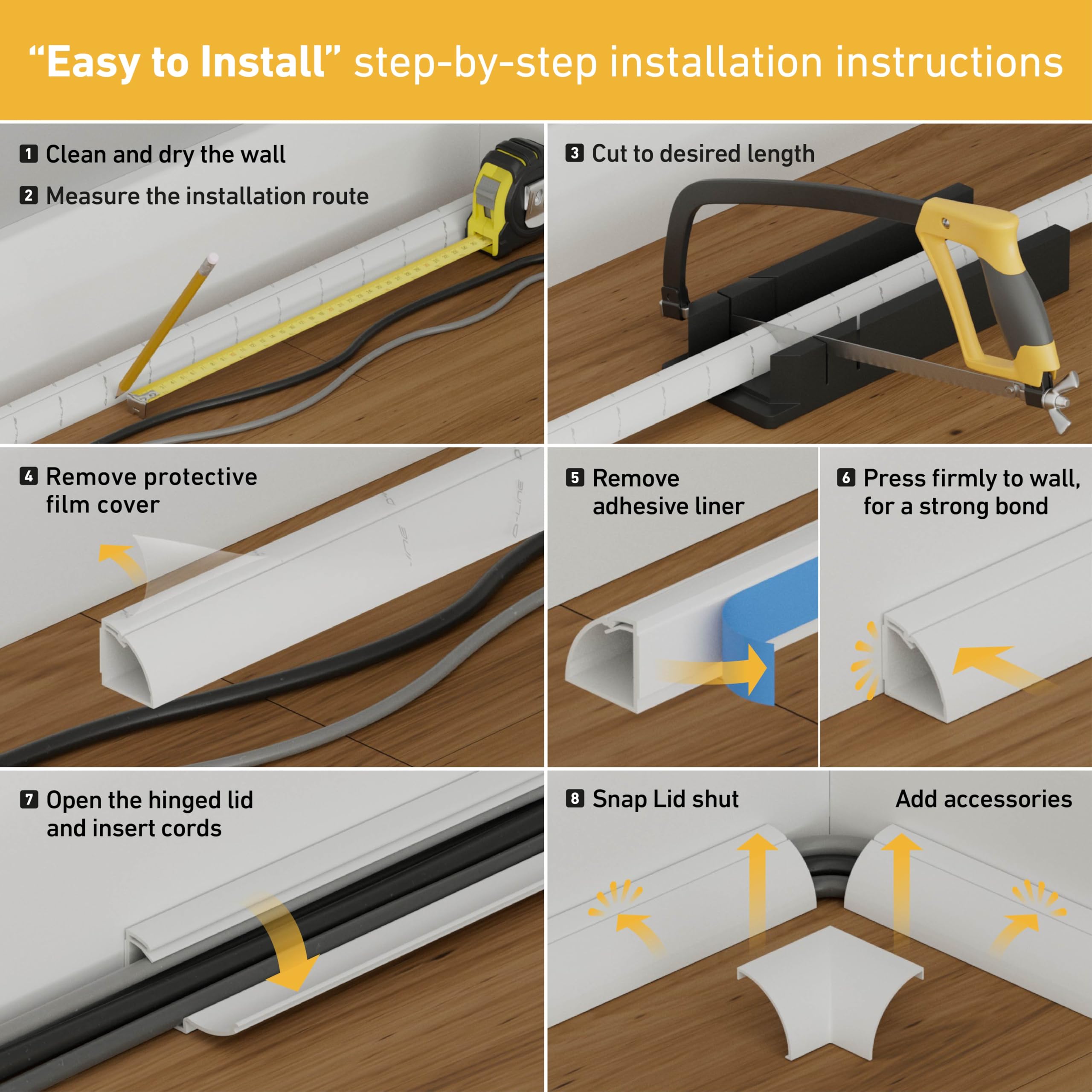 D Line Quarter Round Cable Raceway Accessory Multipack, 9 Piece Pack, Join 0.87'' (W) X 0.87'' (H) Cord Cover Lengths   White