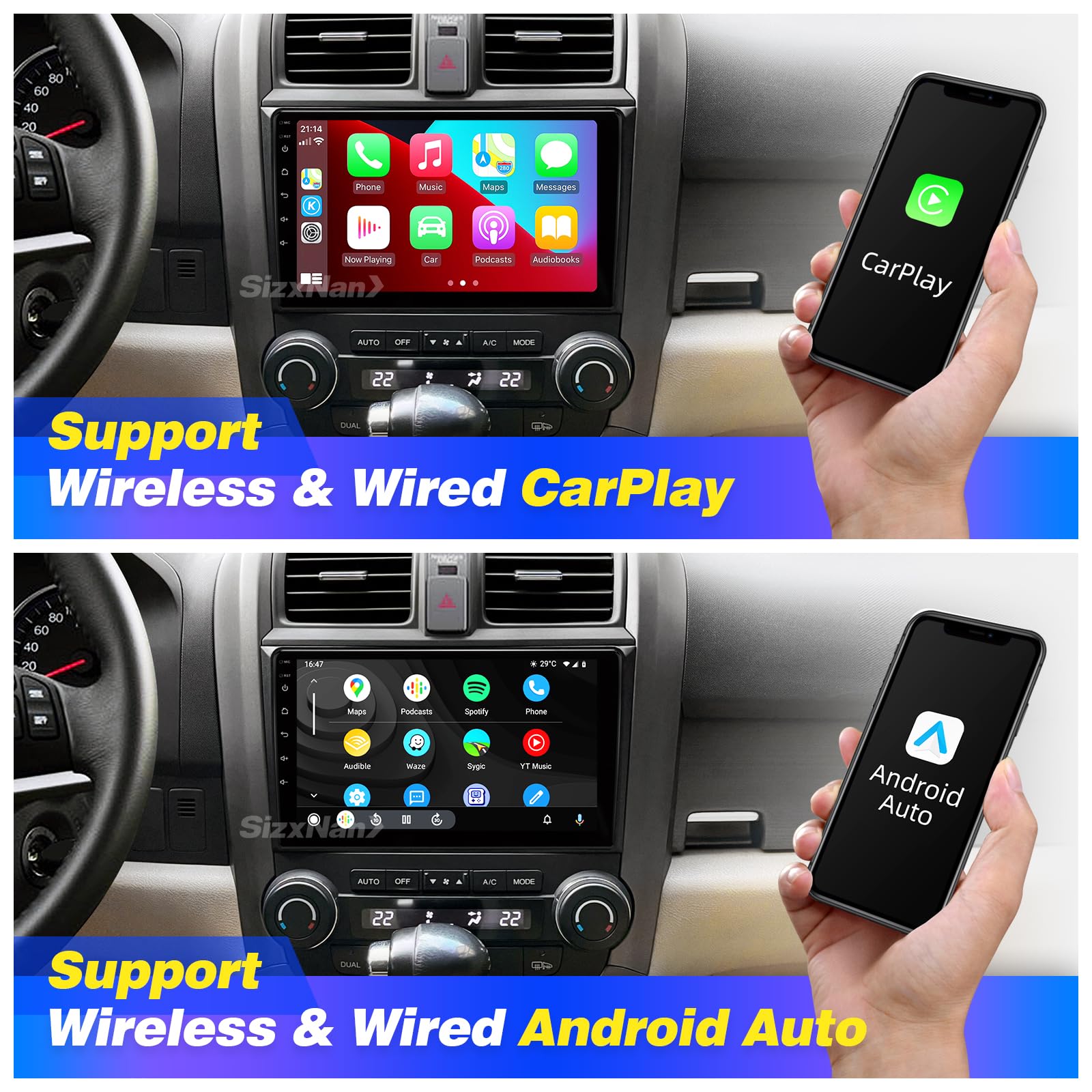 Sizxnanv For Honda Crv 2007 2008 2009 2010 2011 Android Touch Screen Compatible With Carplay Android Auto,Car Radio Stereo Bluet