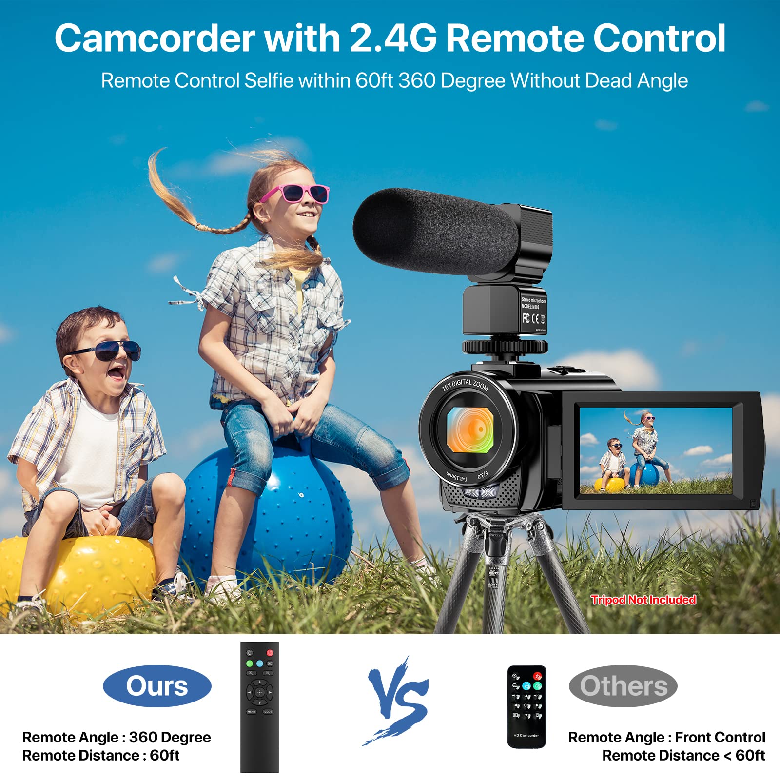 Video Camera Youtube Vlogging Camera Recorder Fhd 1080P 24.0Mp 3.0 Inch 270 Degree Rotation Screen 16X Digital Zoom Camcorder With Microphone,Remote Control And 2 Batteries