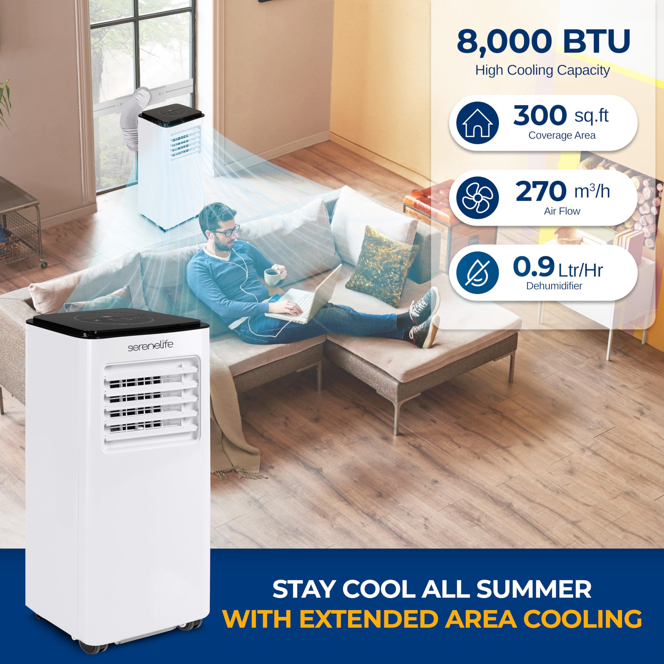 Serenelife 8000 Btu Portable Air Conditioner, 3-In-1 Compact Standing Air Conditioner For Room Up To 350 Sq. Ft., Floor Ac Unit