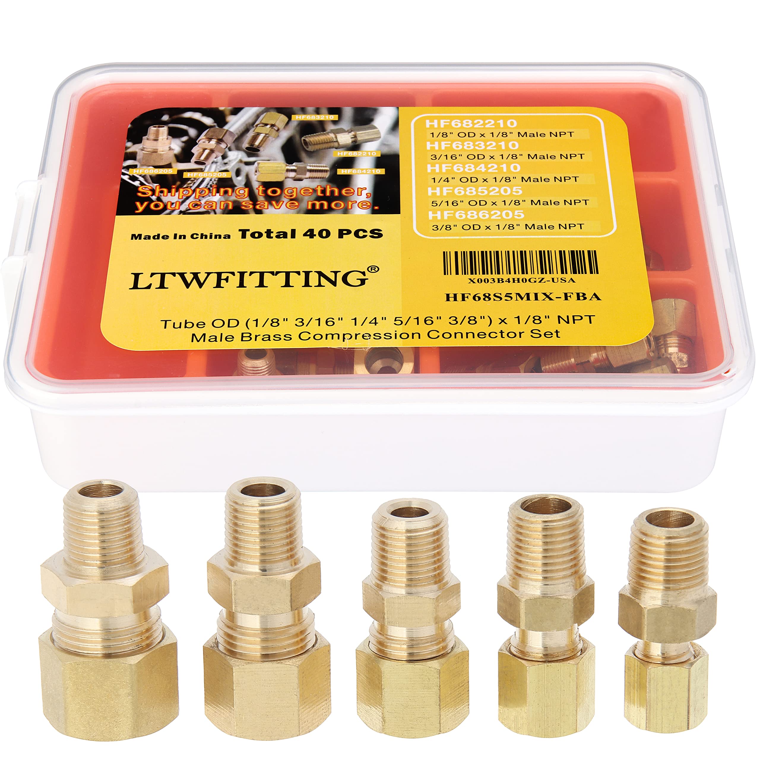 Ltwfitting Assortment Kit Tube Od (1/8 3/16 1/4 5/16 3/8) X 1/8 Npt Male Brass Compression Connector Set (Pack Of 40)