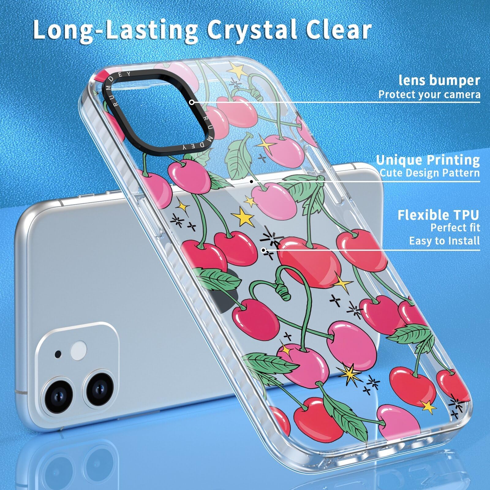 Rumdey 2 Pack Cute Cherry For Iphone 11 6.1'' Phone Case, Transparent Tpu Aesthetic Design Clear Cases Soft Silicone Slim Tpu Sh