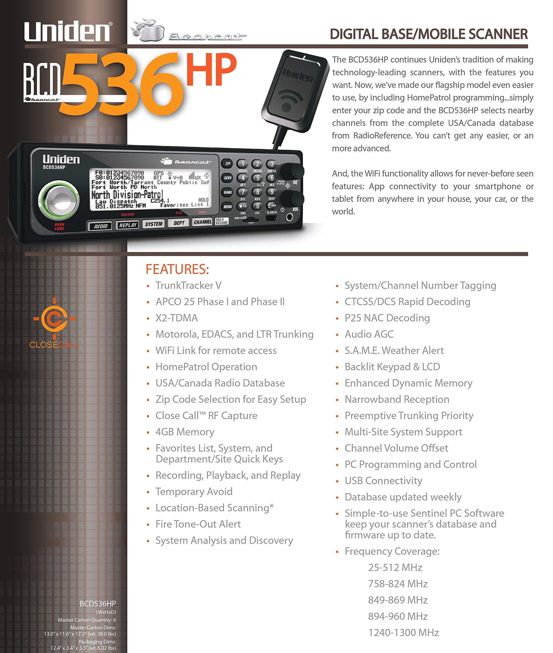 Uniden Bcd536Hp Homepatrol Series Digital Phase 2 Base/Mobile Scanner With Hpdb And Wi Fi. Simple Programming, Trunktracker V, S