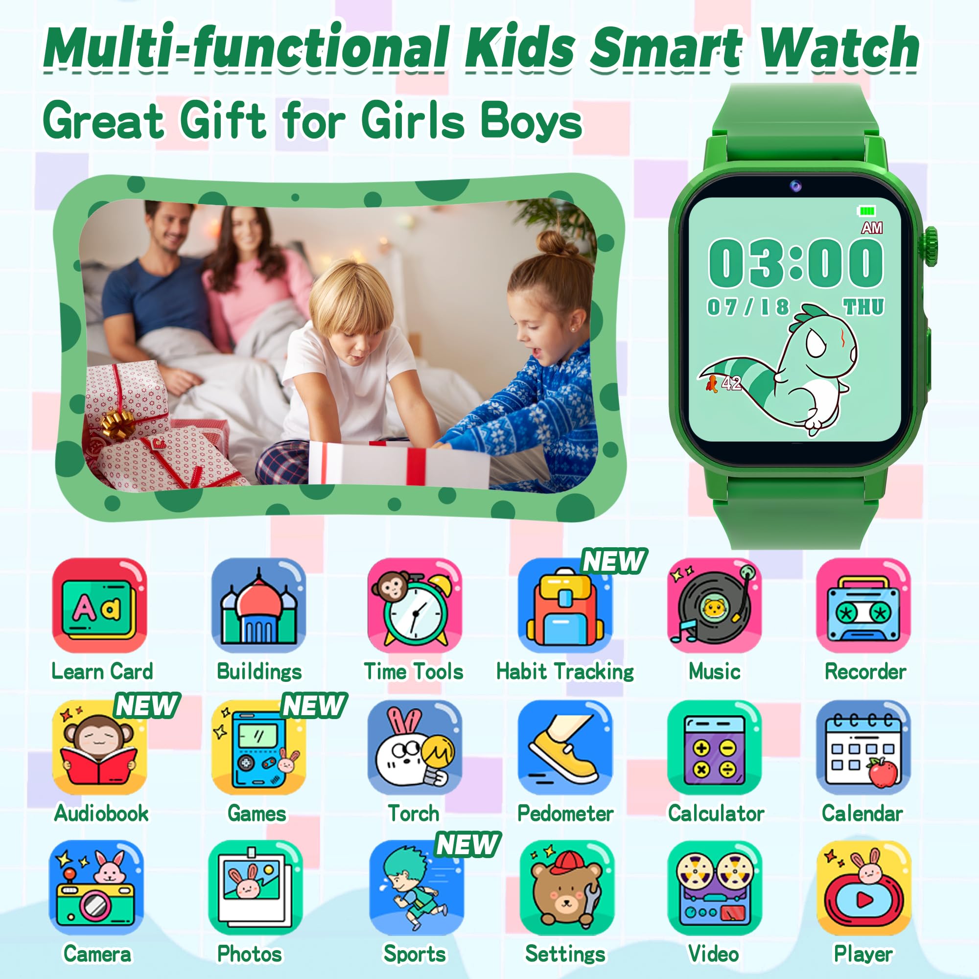 Kids Smart Watch With 32 Puzzle Games, Hd Touch Screen Watches With Video Camera Music Alarm Clock Audiobooks Pedometer Flashlig