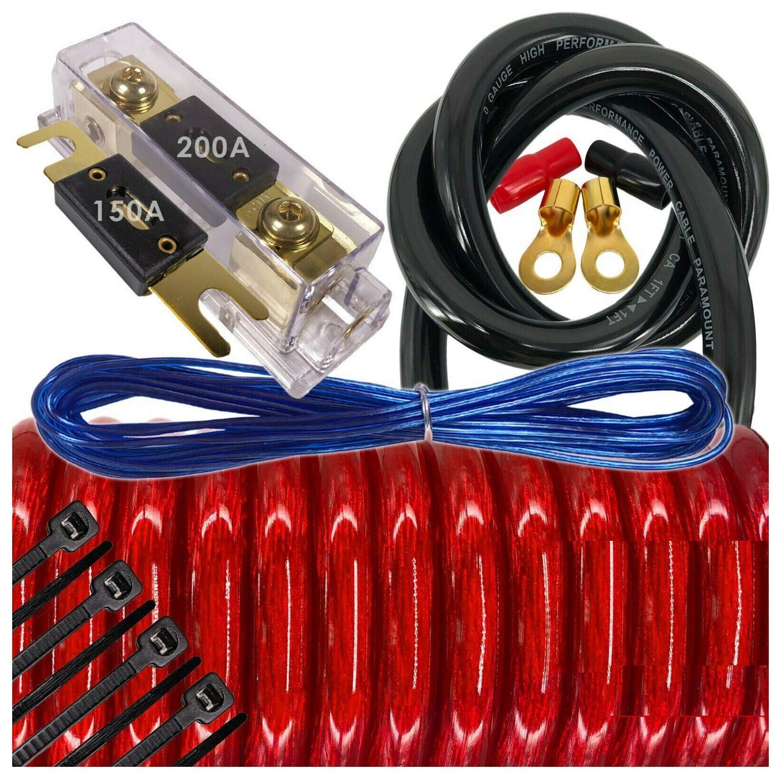 Audiotek 6000 Watts Maximum Power 0 Gauge Car Vehicle Audio Amplifier Installation Kit Hot Red 17 Ft Power Cable 150+200A Fuse/All Accessories And Terminal Included Red
