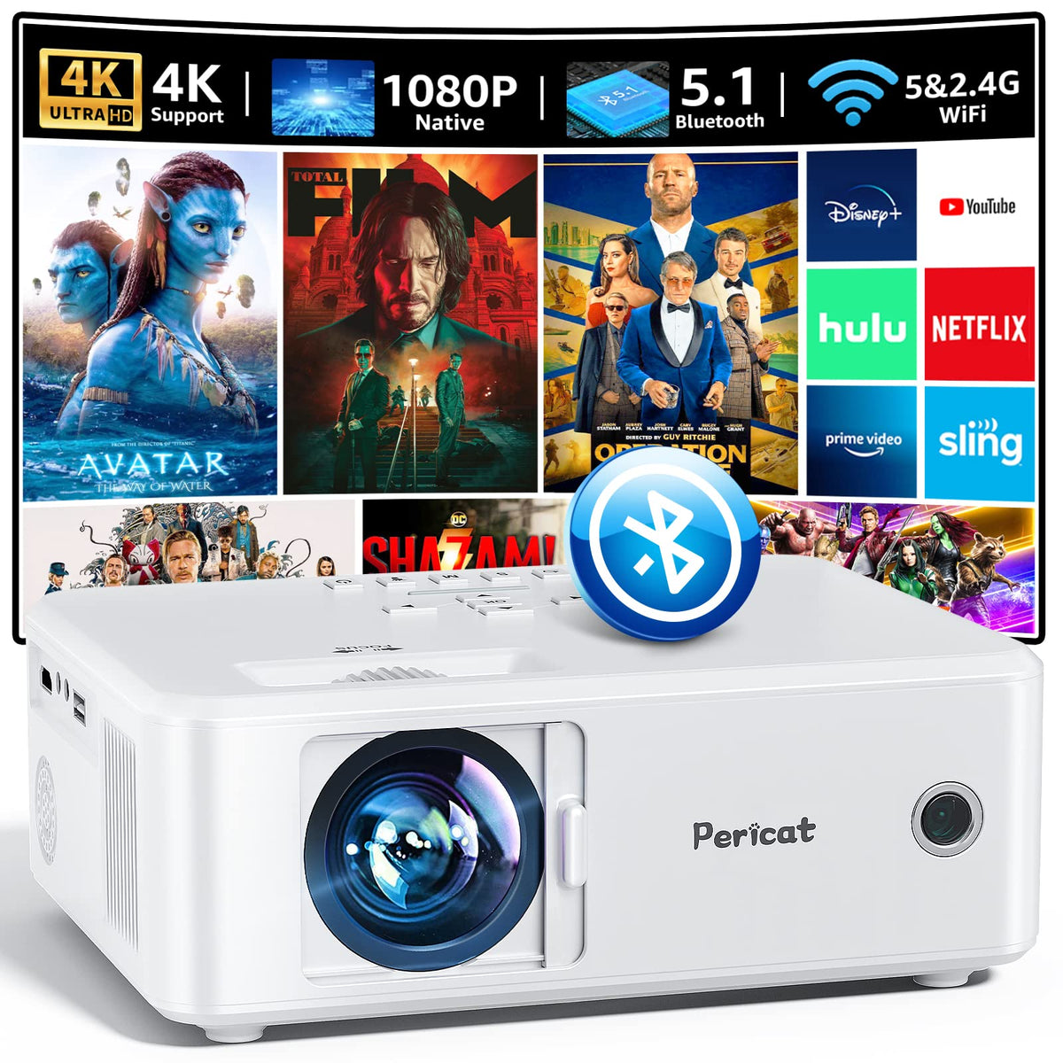 Projector With Wifi And Bluetooth, 5G Wifi Native 1080P Movie Projector, 9800L 4K Supported Portable Outdoor Projector, Pericat 
