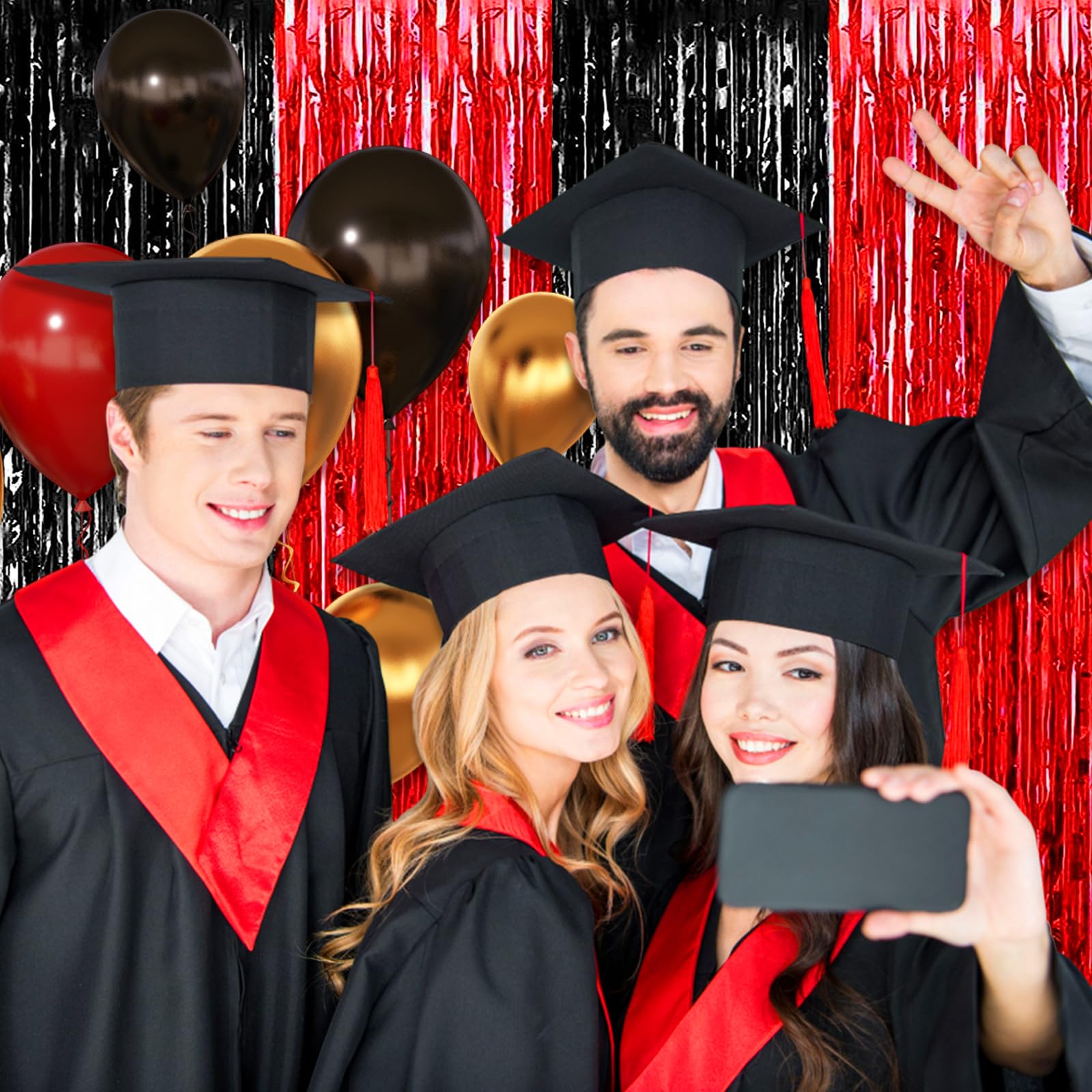 3 Pack Black Red Foil Fringe Curtain Backdrop, 3.28Ft X 8.2Ft Metallic Tinsel Foil Fringe Streamer Curtains For Photo Booth, Val