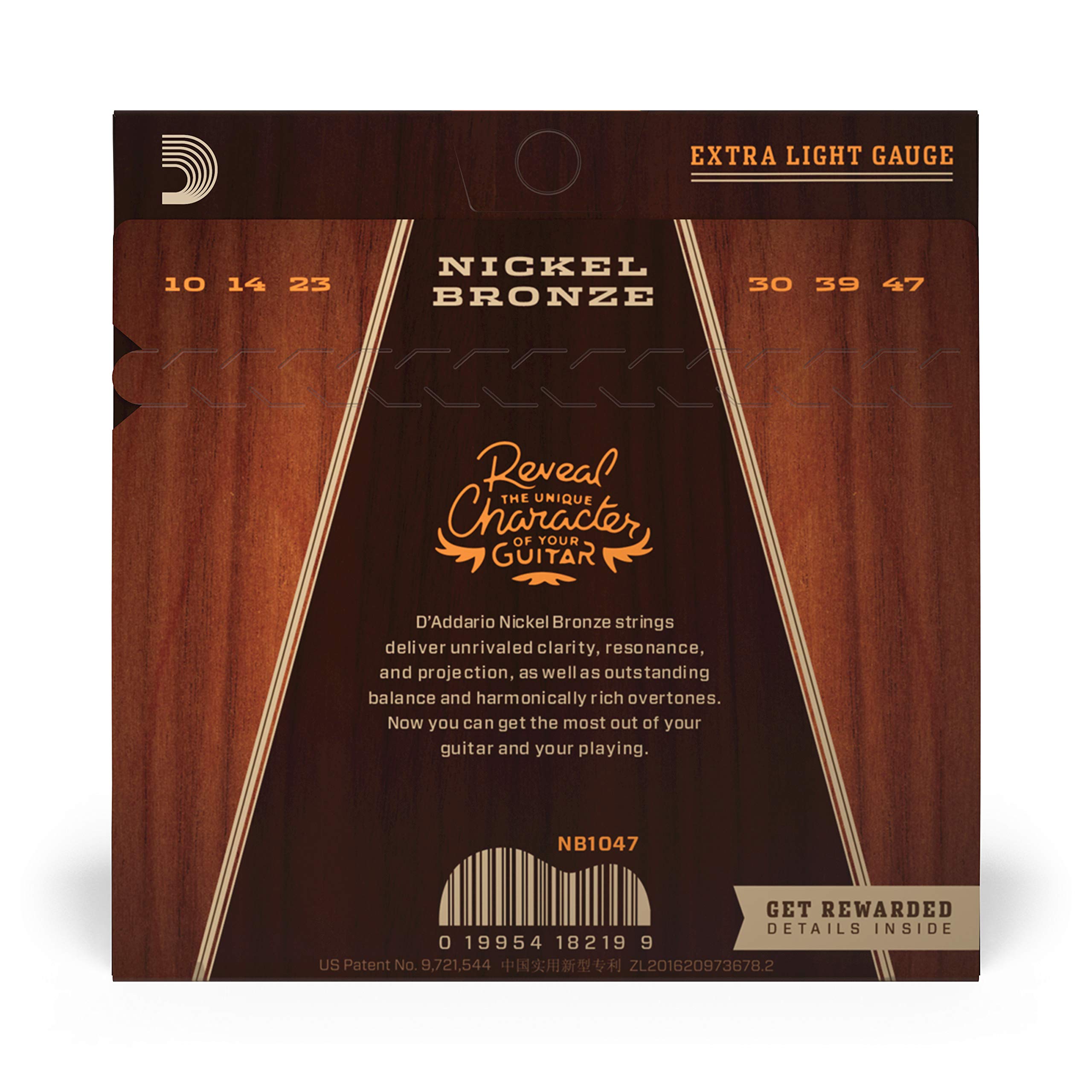 D'Addario Acoustic Guitar Strings, Nickel Bronze, Nb1047, Extra Light Gauge 10 47, 6 String Set, Pack Of 1