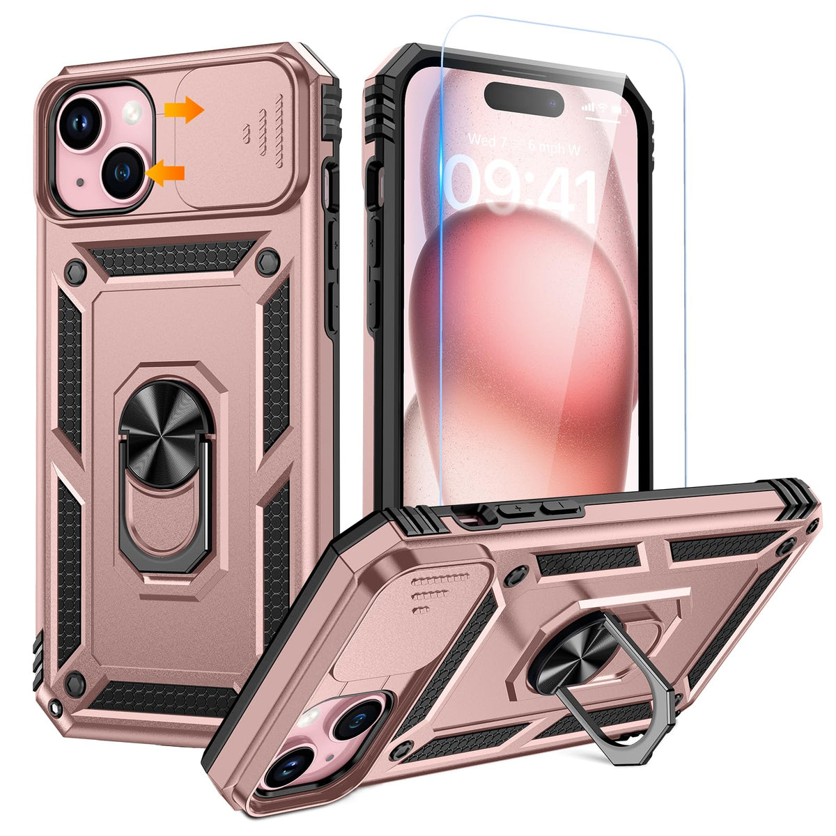 Goton For Iphone 15 Plus Case With Screen Protector   Slide Camera Cover Protective Phone Case With Ring Stand, Heavy Duty Shock
