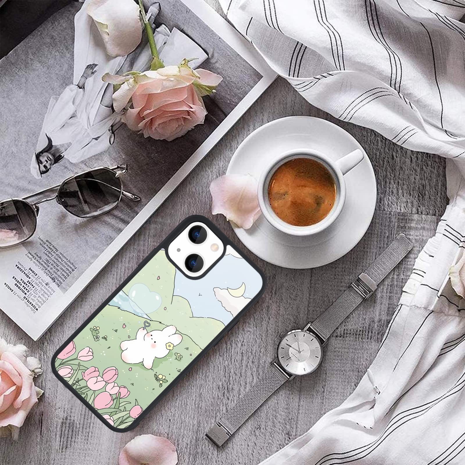 Maycari Compatible With Iphone 13 Mini Case For Children Women Cartoon Rabbit Flower Design, Hard Back Cover With Cute Animal Pa