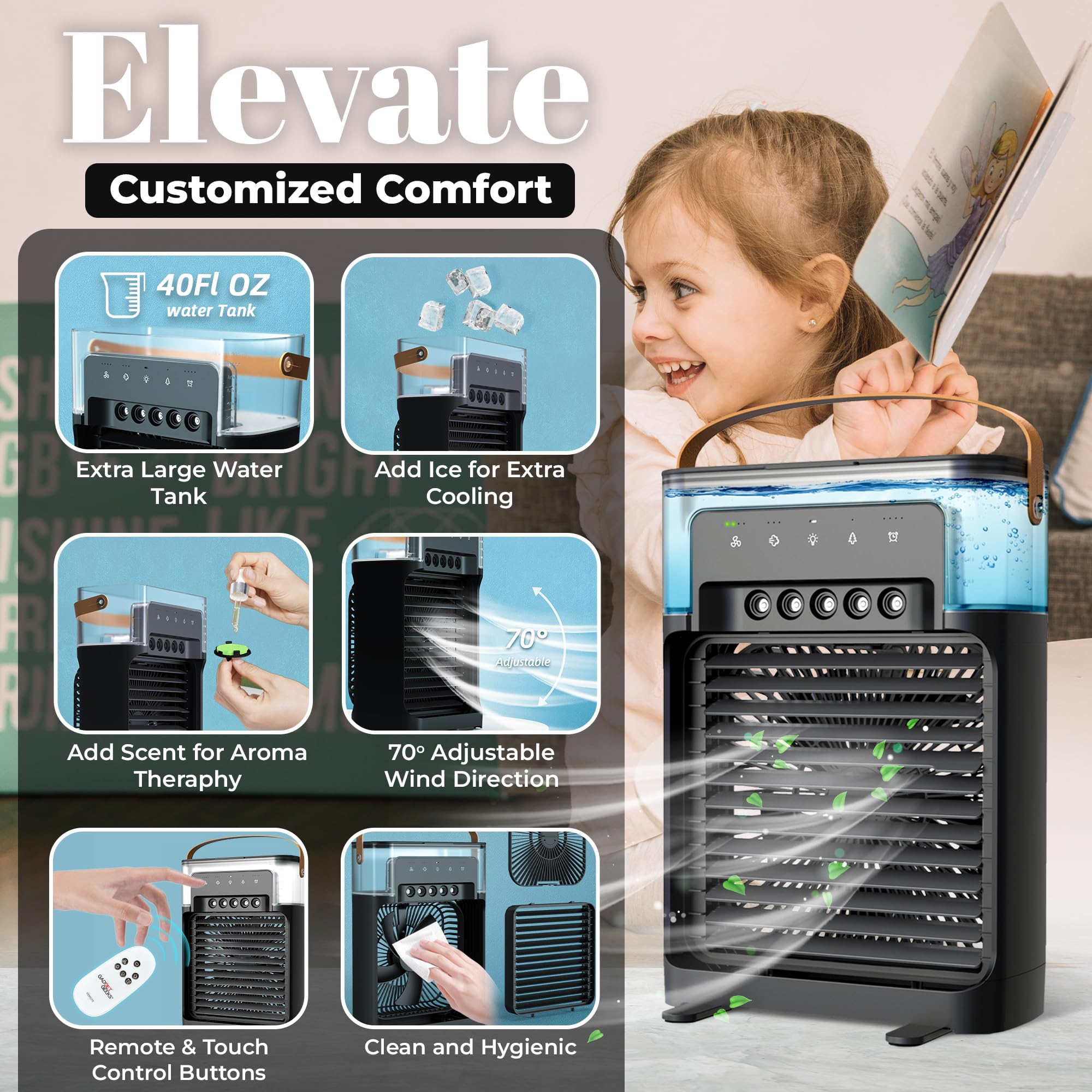 Portable Air Conditioner With Cooling Mist And Remote, Quiet Comfort With 4 Speeds, Xl 1200Ml Tank, Personal Ac Fan With 5 Mists