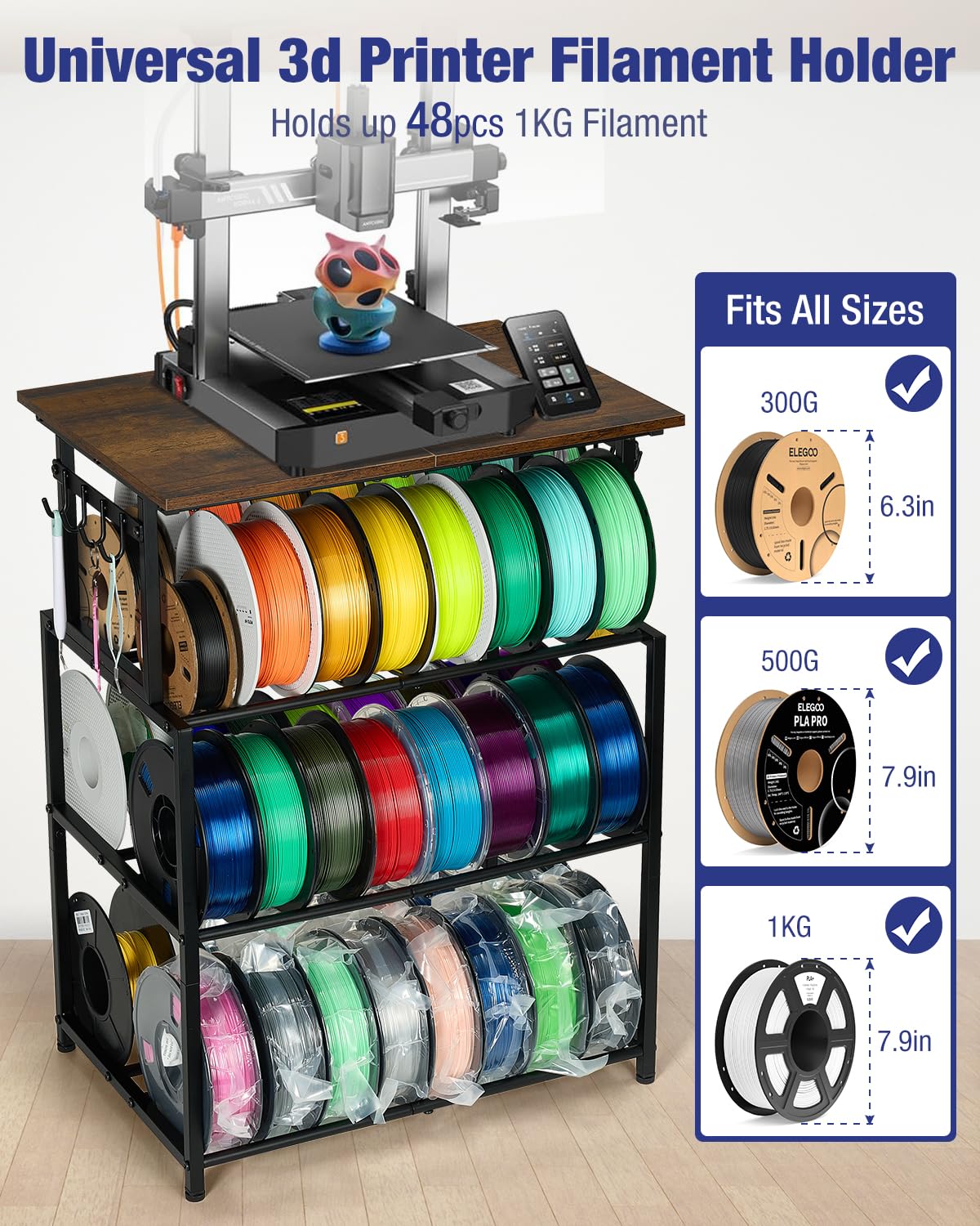 Enigmasoul 4-Tier 3D Printer Table With Filament Storage, Heavy-Duty Steel Frame And Wood Top, Adjustable Feet For Stability, Pe