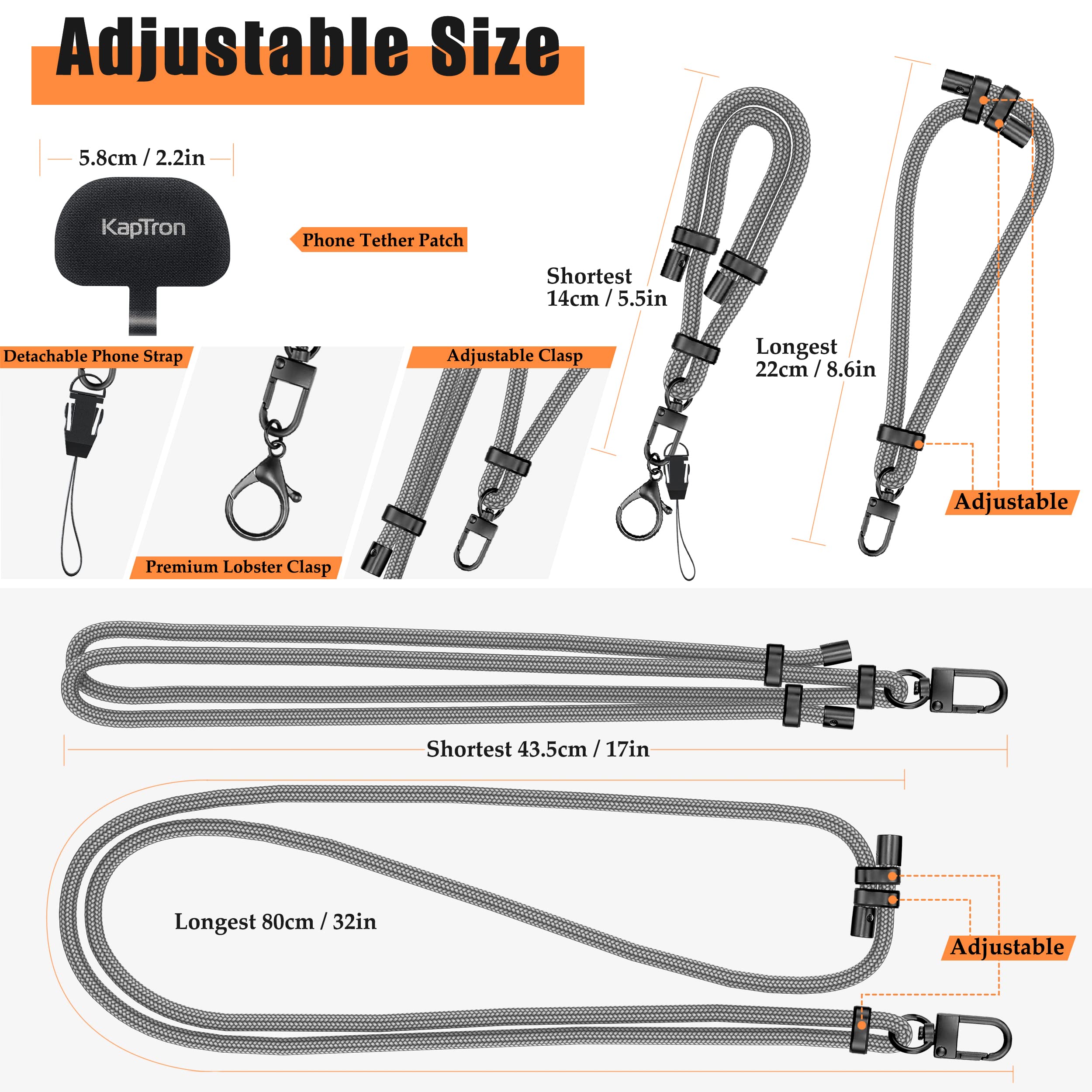 Kaptron Universal Phone Lanyard With Wrist Strap, Adjustable Crossbody Cell Phone Lanyard Neck Strap And Wristlet Strap With 2 L