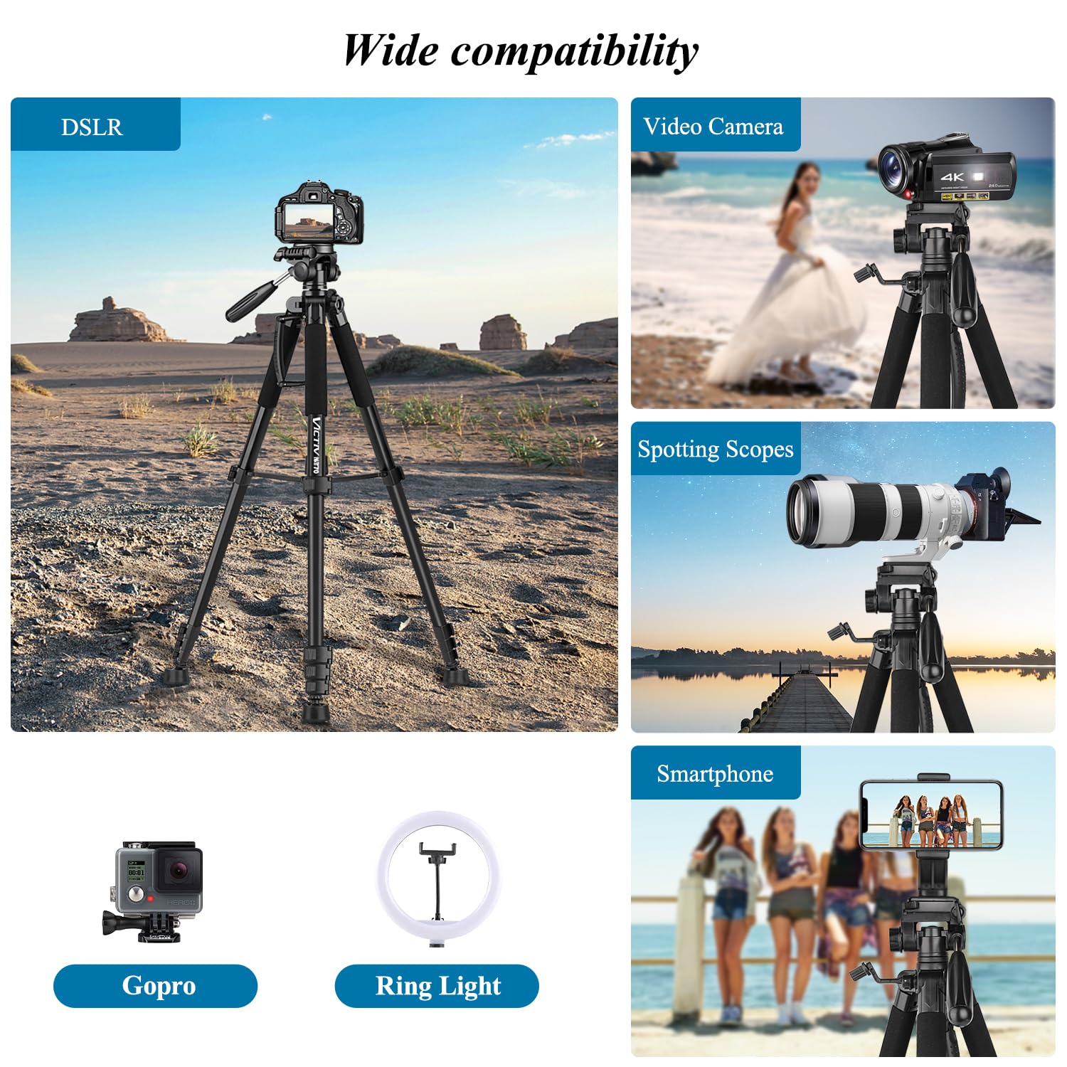 Victiv 74� Camera Tripod, Tripod For Camera And Phone, Aluminum Heavy Duty Tripod Stand For Canon Nikon With Carry Bag And Phone Holder, Compatible With Dslr, Iphone, Spotting Scopes, Max Load 15 Lb