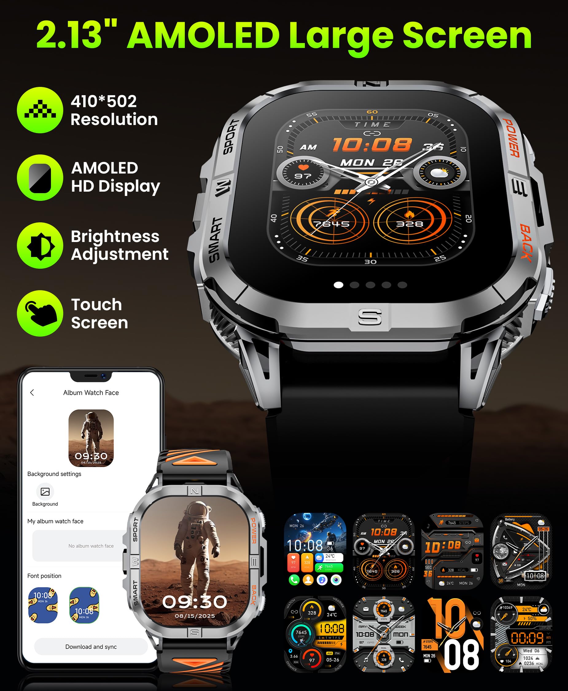 Joautrial Military Smart Watch For Men Built-In Gps With Led Flashlight Compass, 2.13 Amoled Tactical Smart Watches With Answer/