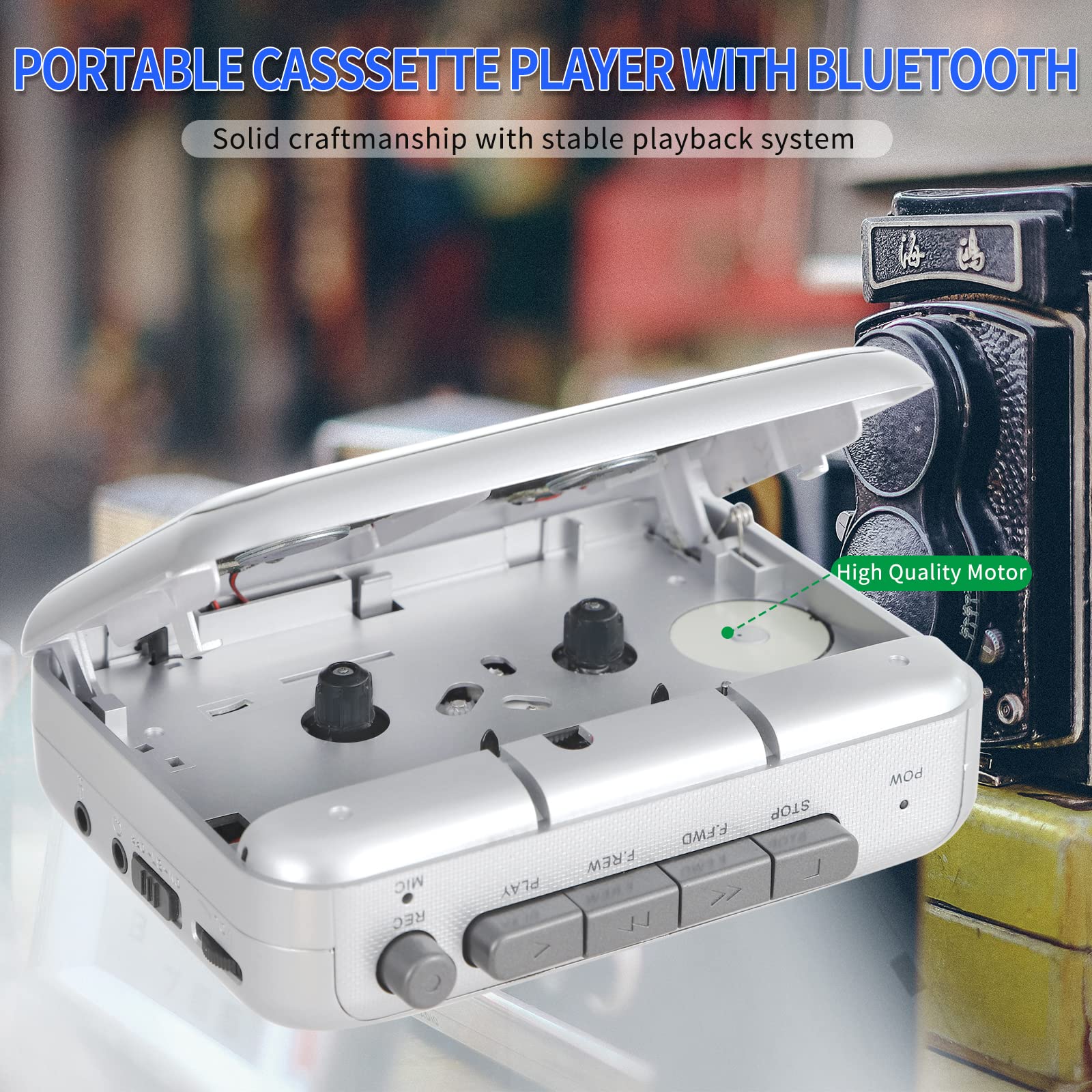 Portable Cassette Player Recorder With Bluetooth Transmitter, Walkman Cassette Tape Player With Headphone Jack, Build In Speaker