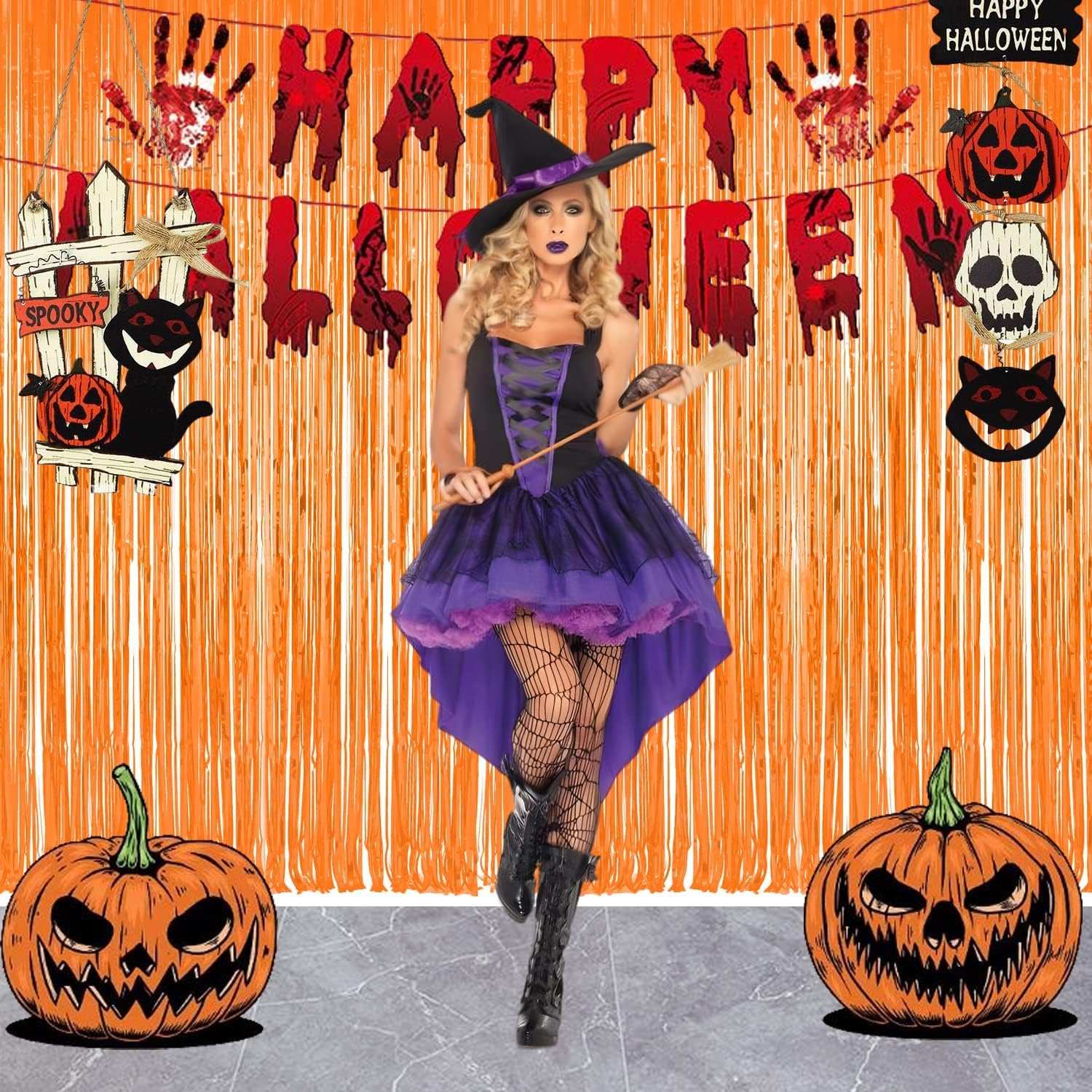 Foil Fringe Curtains Halloweens Party Decorations   Orange Tinsel Photo Backdrop Metallic Streamers For Birthdays, Fall, Pumpkin