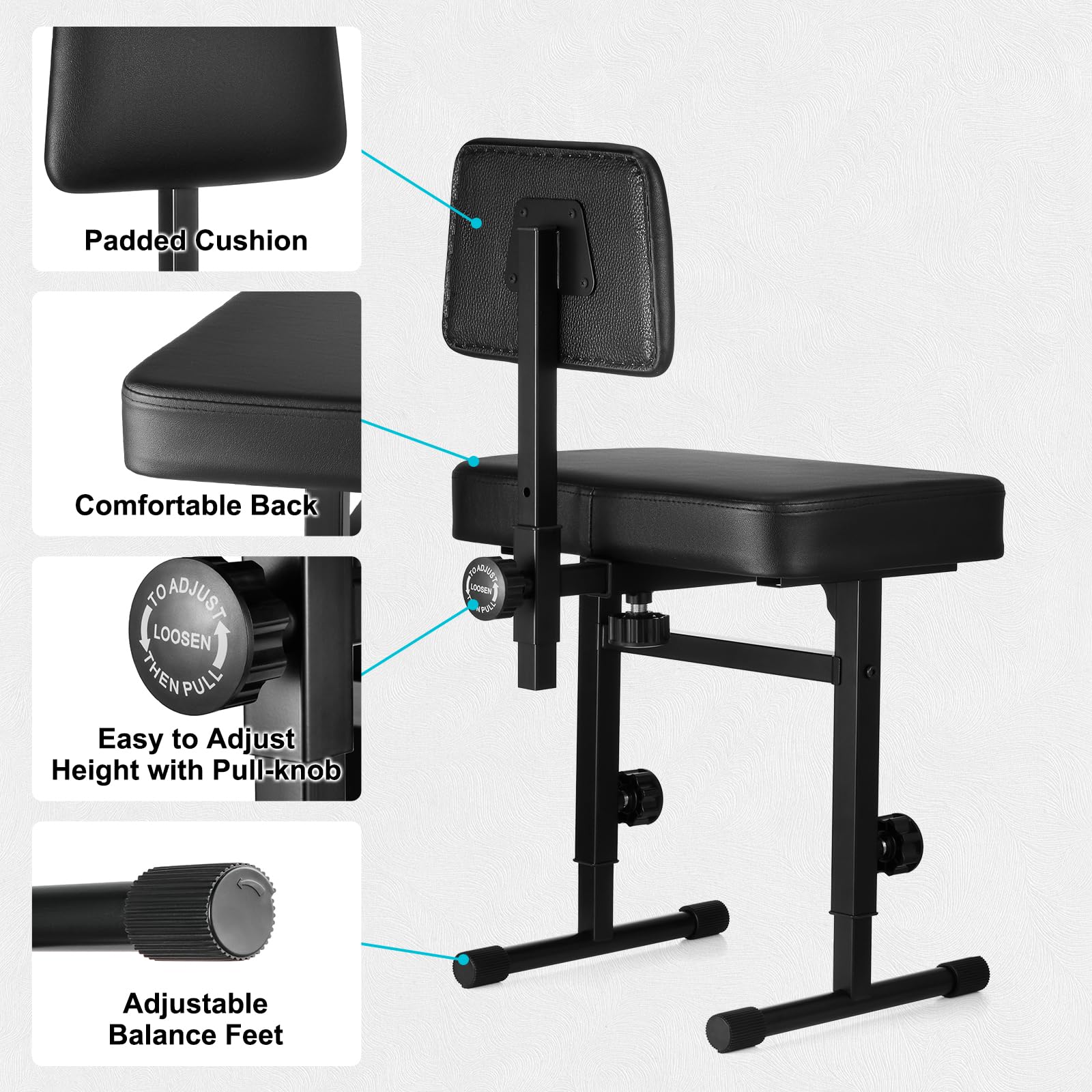 Tentoten Piano Bench Adjustable Height, Piano Chair With Padded Backrest Comfortable Piano Seat For Piano & Keyboard Bench For M