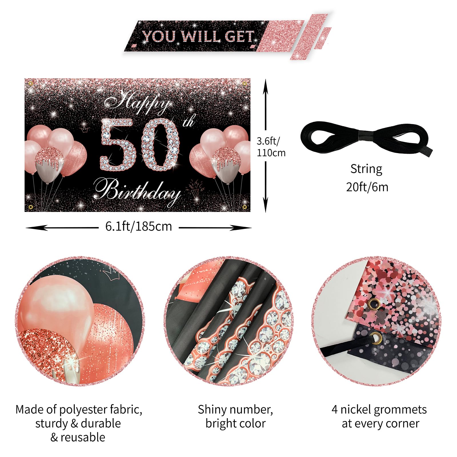 Htdzzi 50Th Birthday Banner Backdrop, Happy 50Th Birthday Decorations For Women Rose Gold, Fabulous 50 Year Old Birthday Party Y