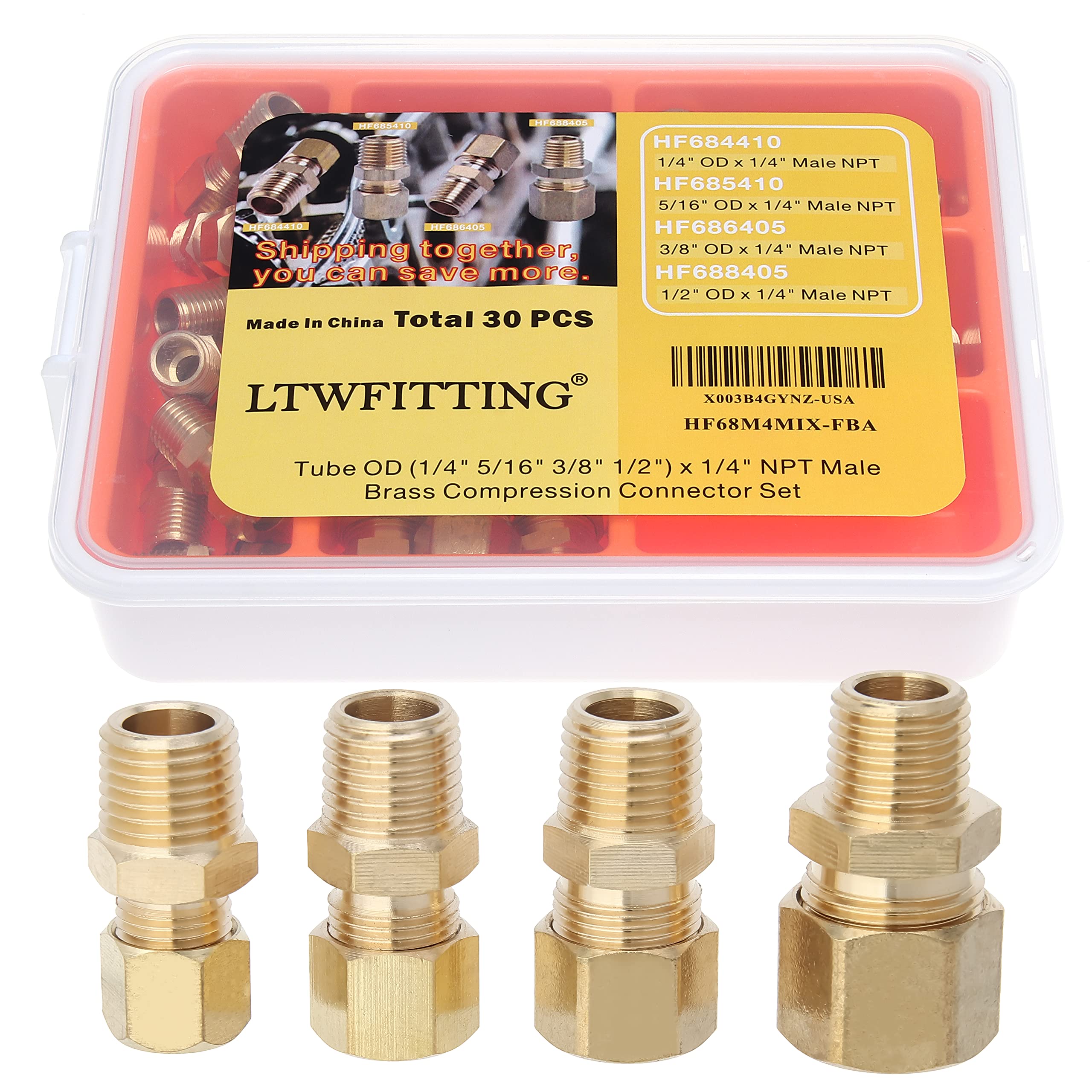 Ltwfitting Assortment Kit Tube Od (1/4 5/16 3/8 1/2) X 1/4 Male Npt Brass Compression Connector Set (Pack Of 30)