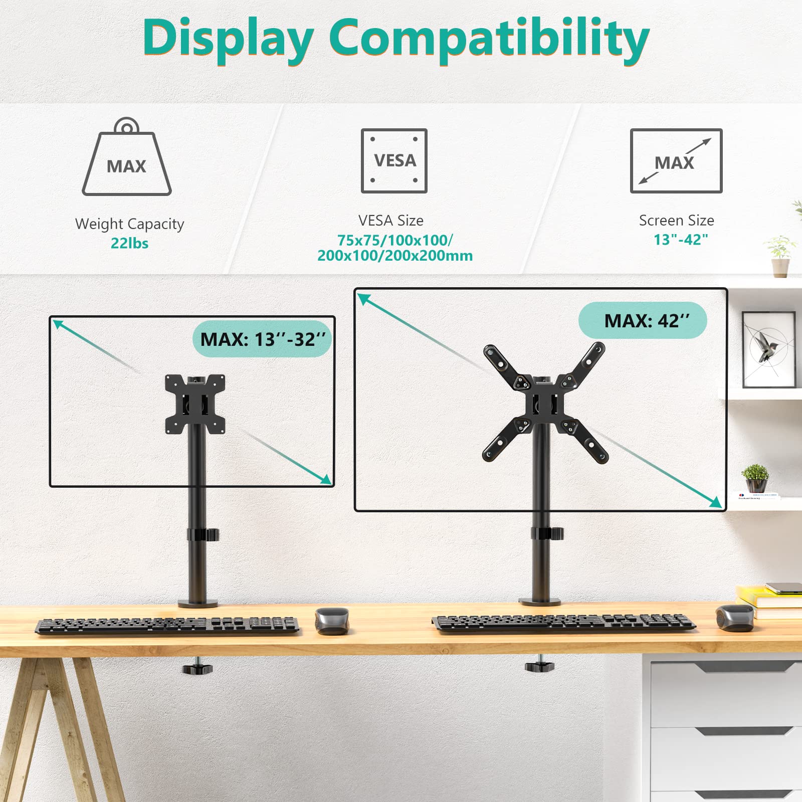 WALI Single Monitor Mount for 1 Computer Screen up to 42 inch, Fully Adjustable Monitor Arm Holds up to 22 lbs, Mounting Holes up to 200x200mm (M001SXL), Black