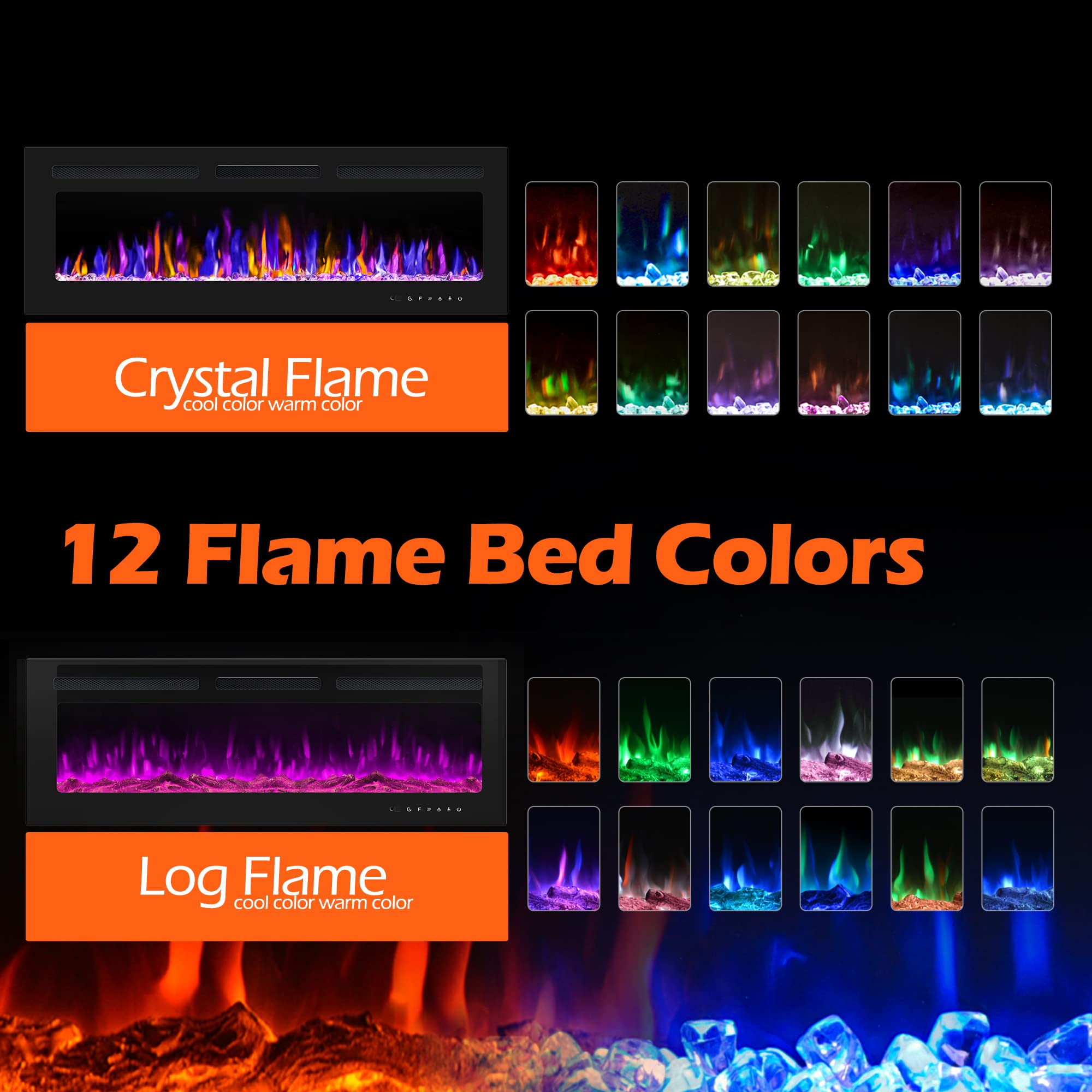 Betelnut 50'' Electric Fireplace Wall Mounted And Recessed With Remote Control, 750/1500W Ultra Thin Wall Fireplace Heater W/Tim