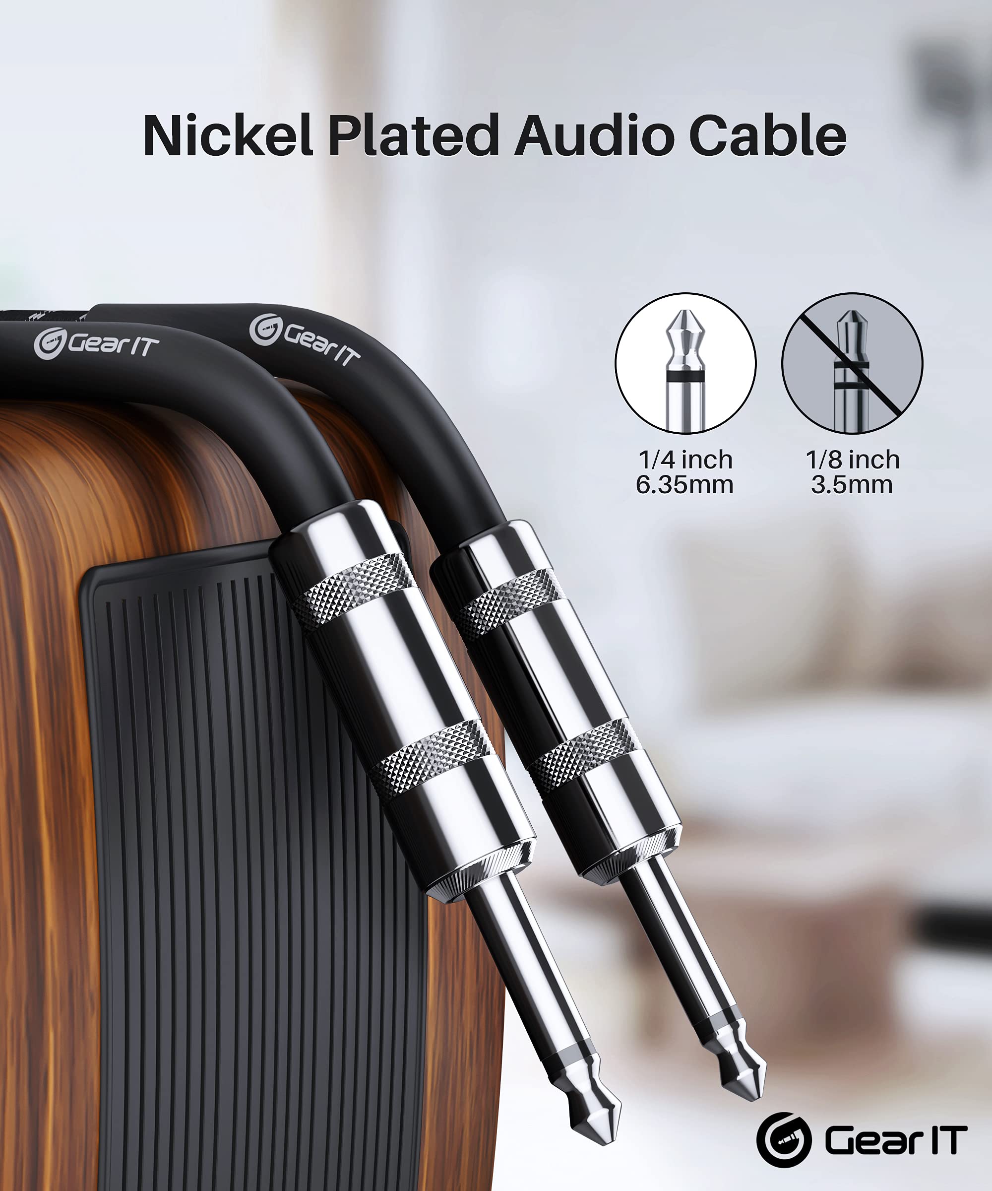 Gearit Audio Instrument Cable (15Ft) 1/4 Inch To 1/4 Inch Straight Male To Male For Amp Cord, Bass And Electric Guitar   Black/W