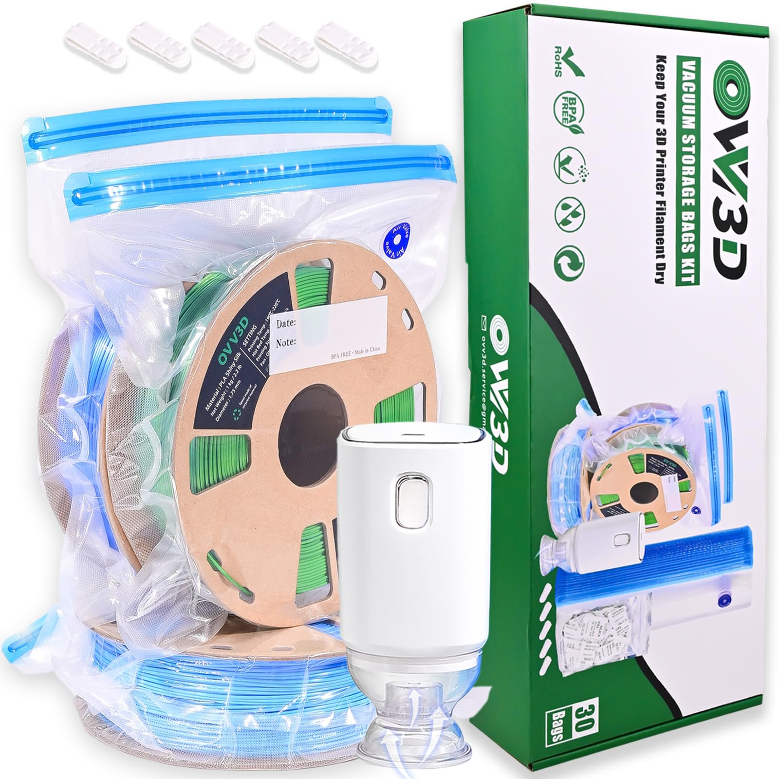 Ovv3D Filament Storage Bags Kit 66Pcs, 3D Printer Filament Storage 30 Bags Auto Pump With 30 Desiccants