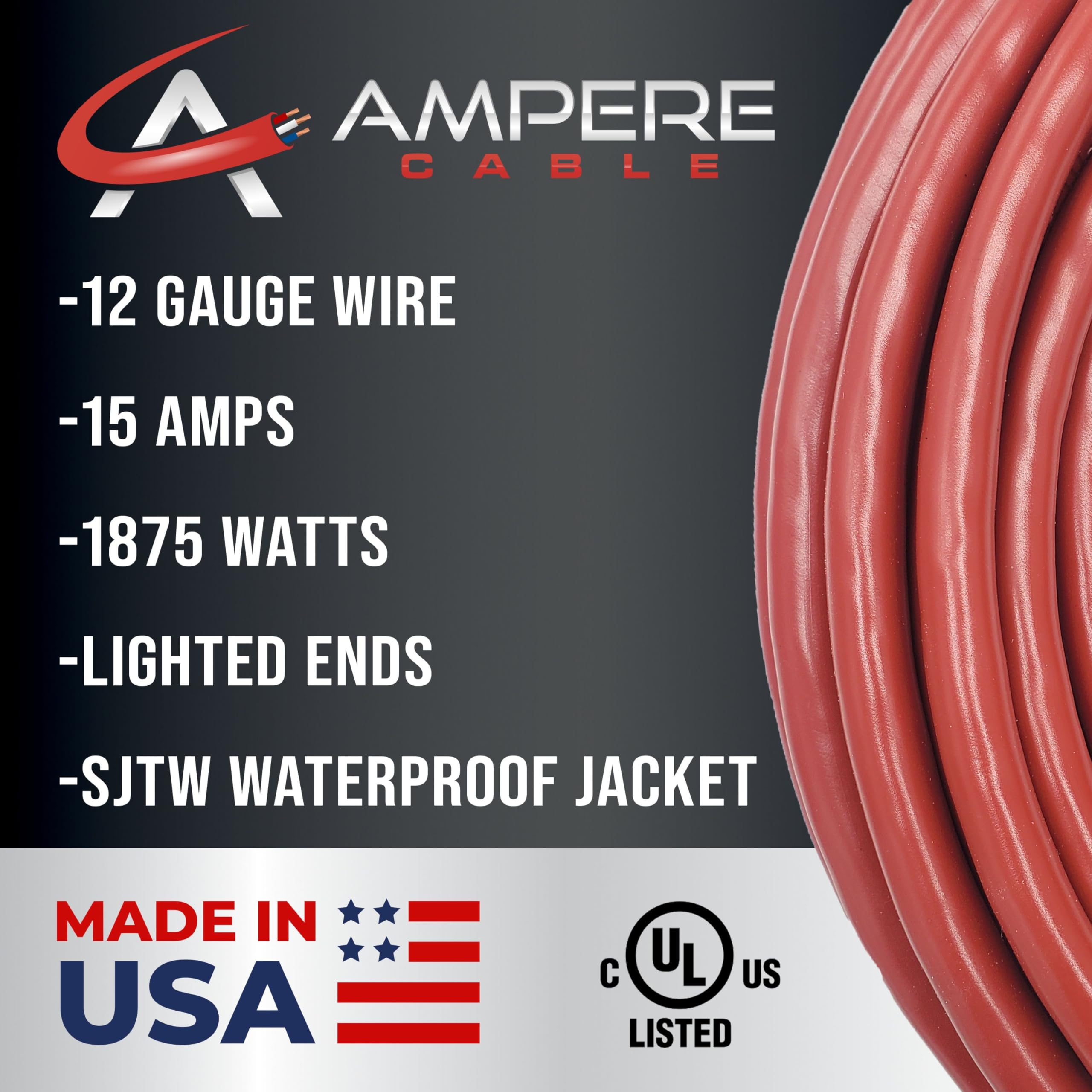 50 Ft   12 Gauge Extension Cord Outdoor   Made In Usa   Lighted On Both Ends   Red Outdoor Extension Cord Waterproof By Anthem C