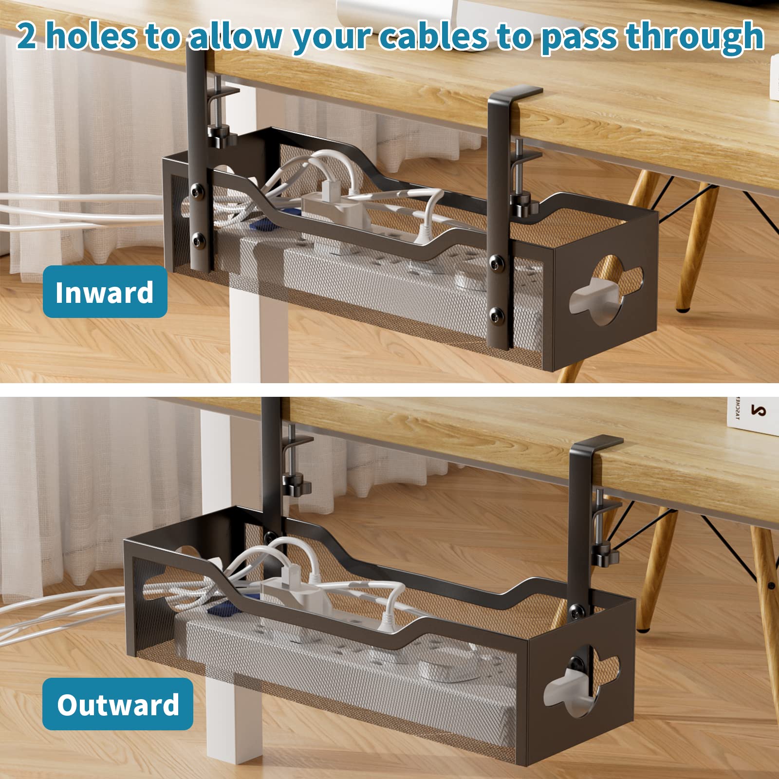 Under Desk Cable Management Tray No Drill, Metal Mesh Cable Management Under Desk With Clamp Mount, 2 Hole Cable Tray With Desk