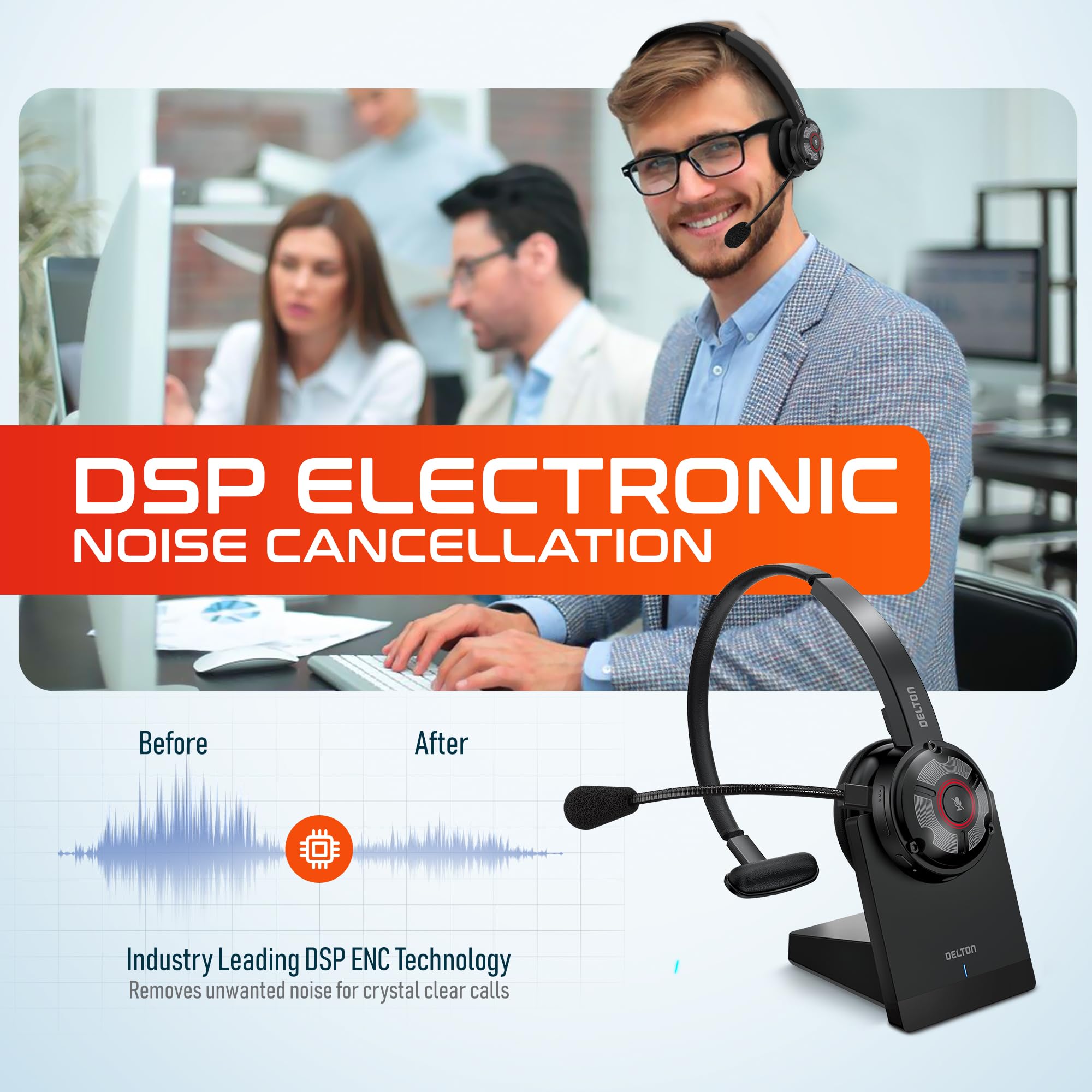 Delton Noise Canceling Bluetooth Computer Headset With Charging Dock, Auto Pair Usb Dongle For Pc/Laptop, Compatible With Ms Tea